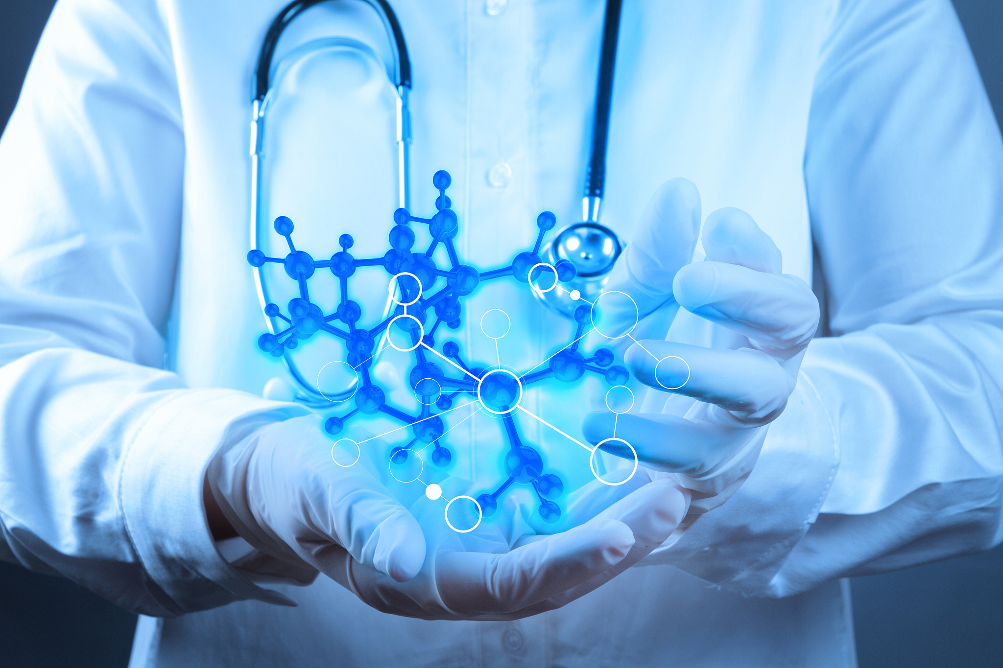 scientist doctor hand touch virtual molecular structure