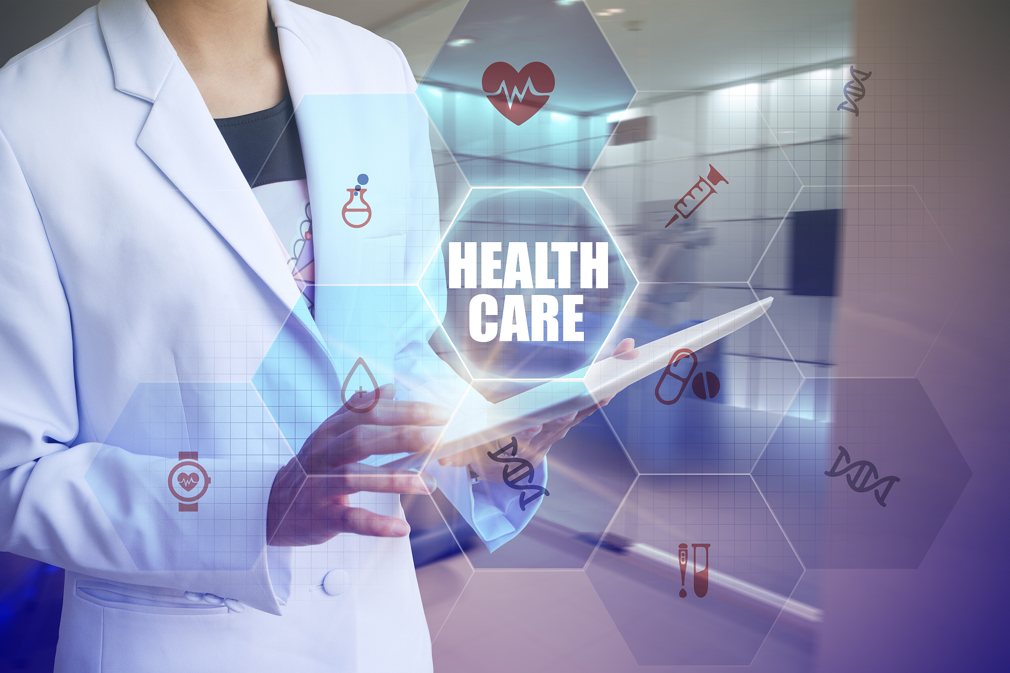 doctor holding tablet with health care