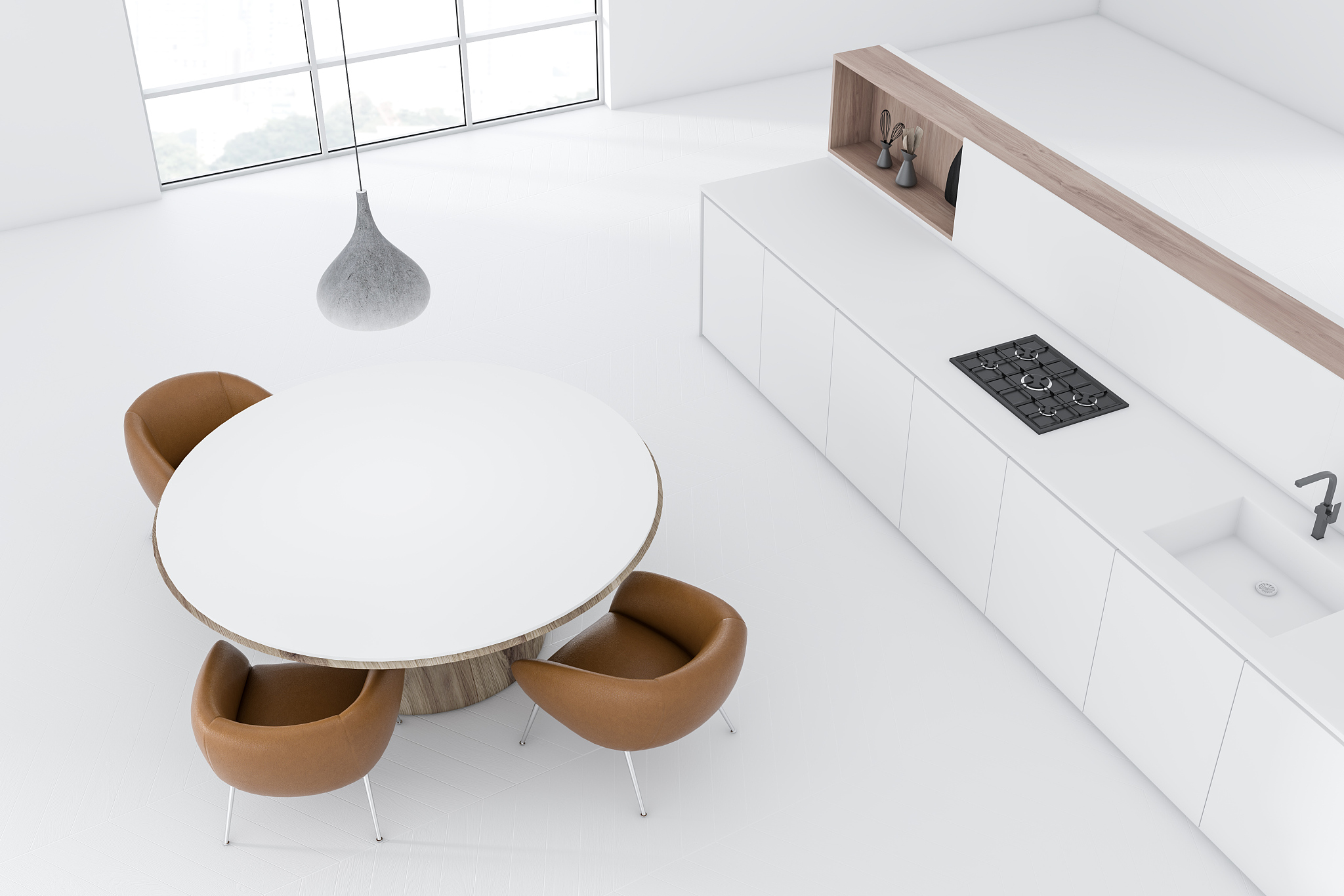 white kitchen round table and armchairs top view