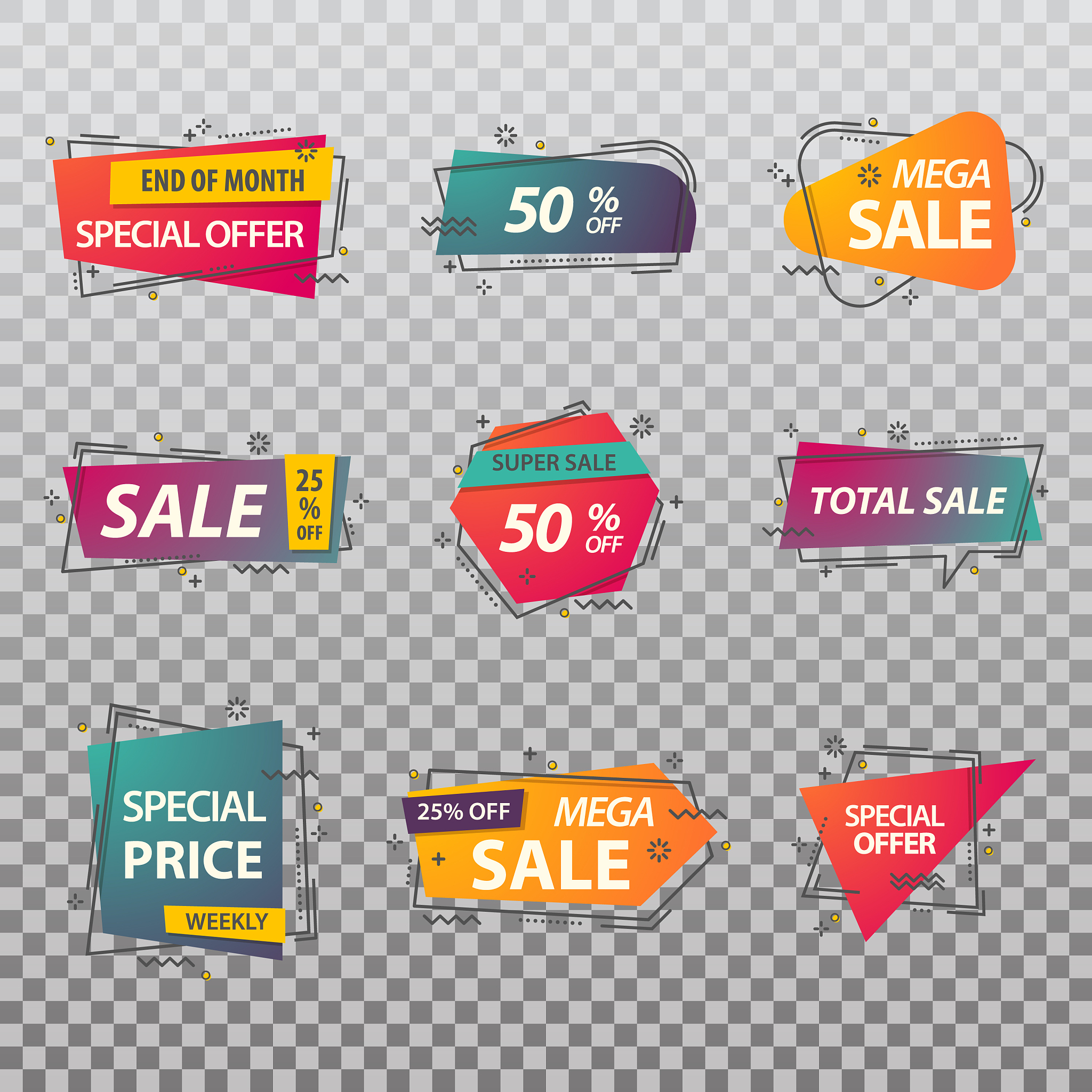set of isolated price tags or discount signs