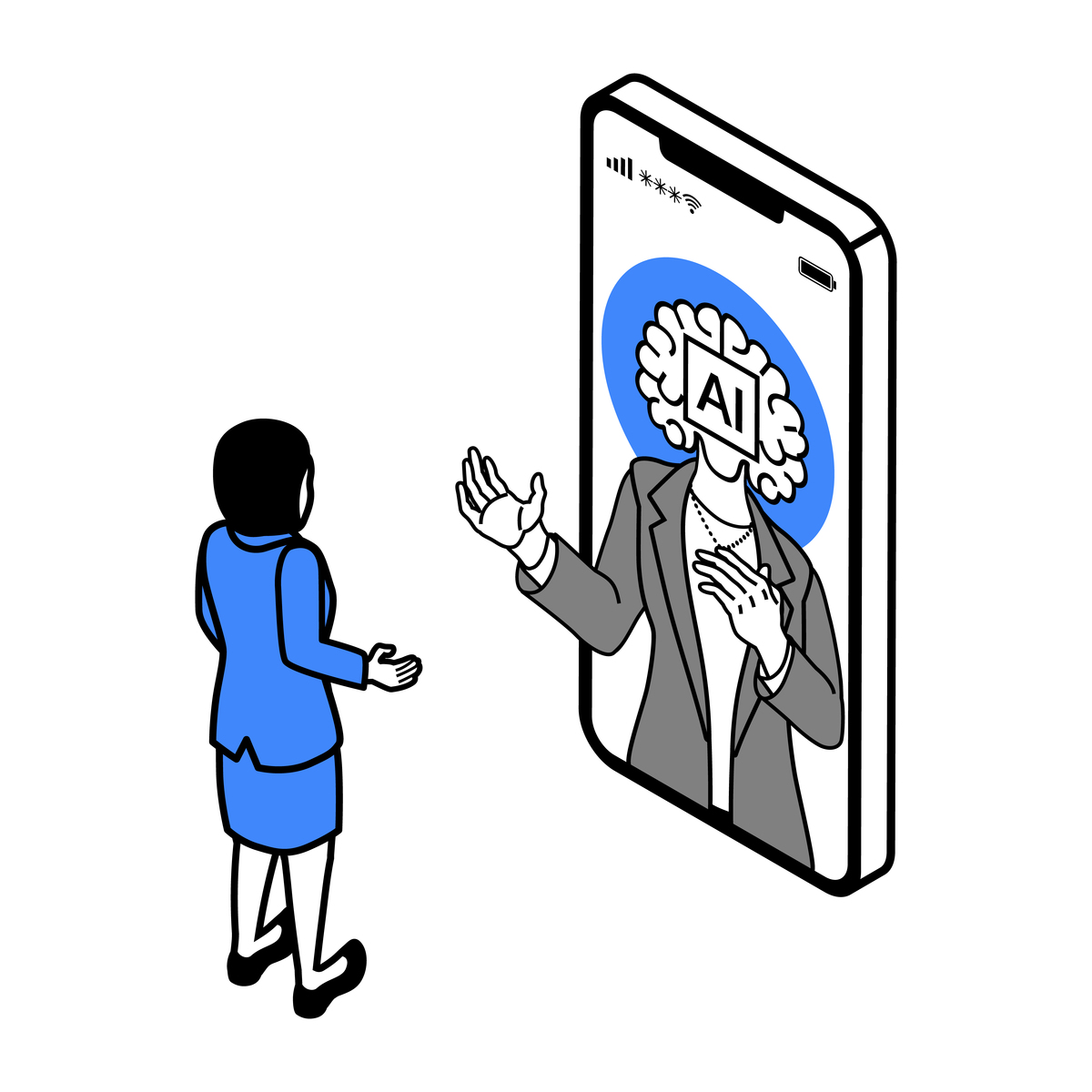 年轻女商人在智能手机上咨询人工智能技术的等距概念图