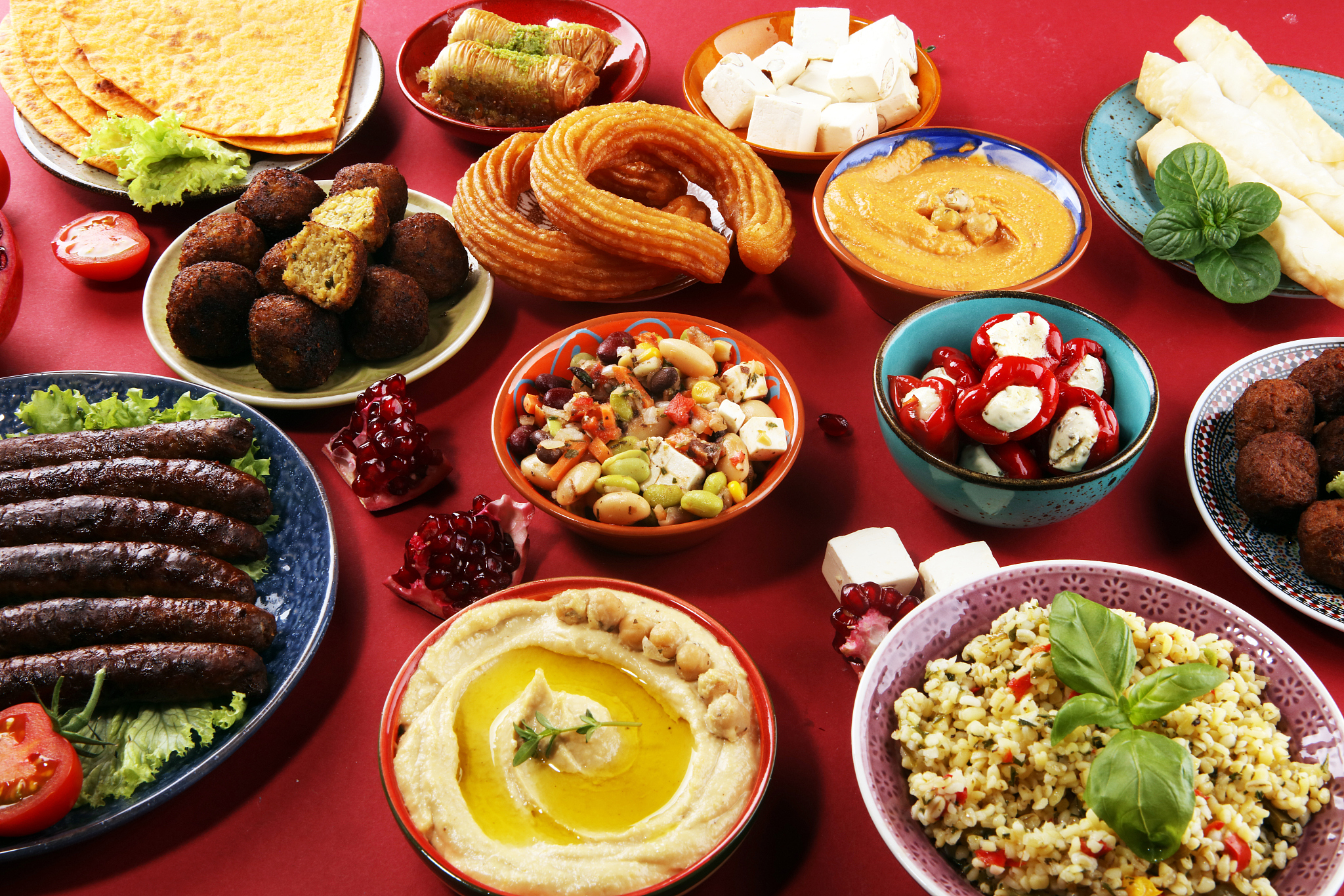 middle eastern or arabic dishes and assorted meze, concrete rust