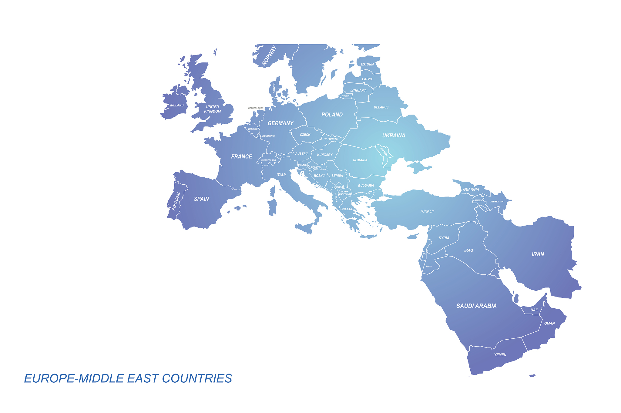 europe and middle east countries map. vector map of european, ar
