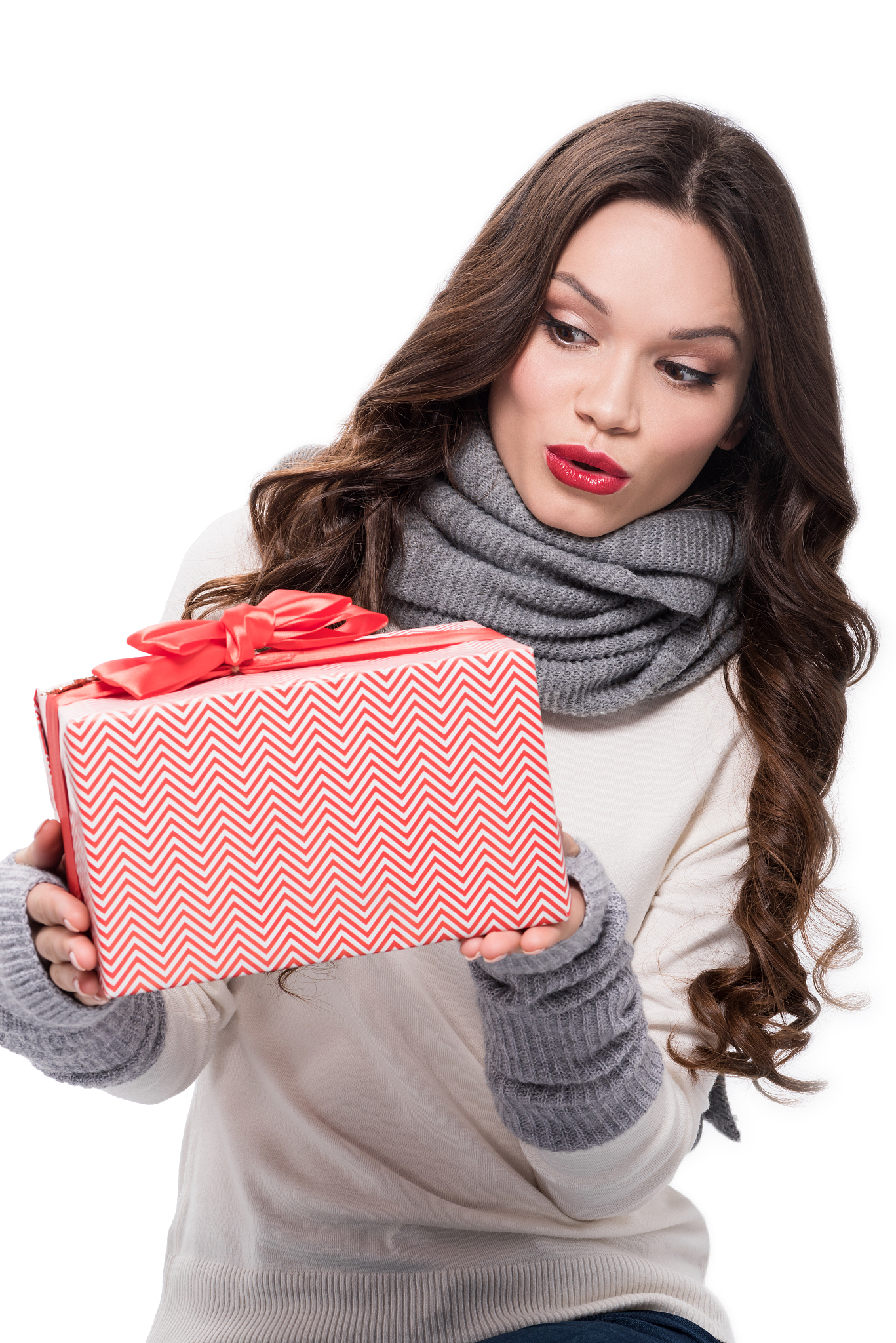 excited woman holding gift box