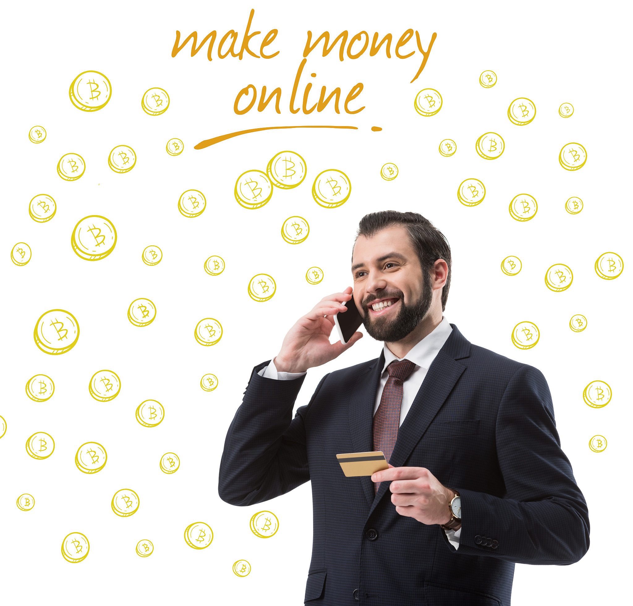 businessman with credit card talking on smartphone, bitcoin symb