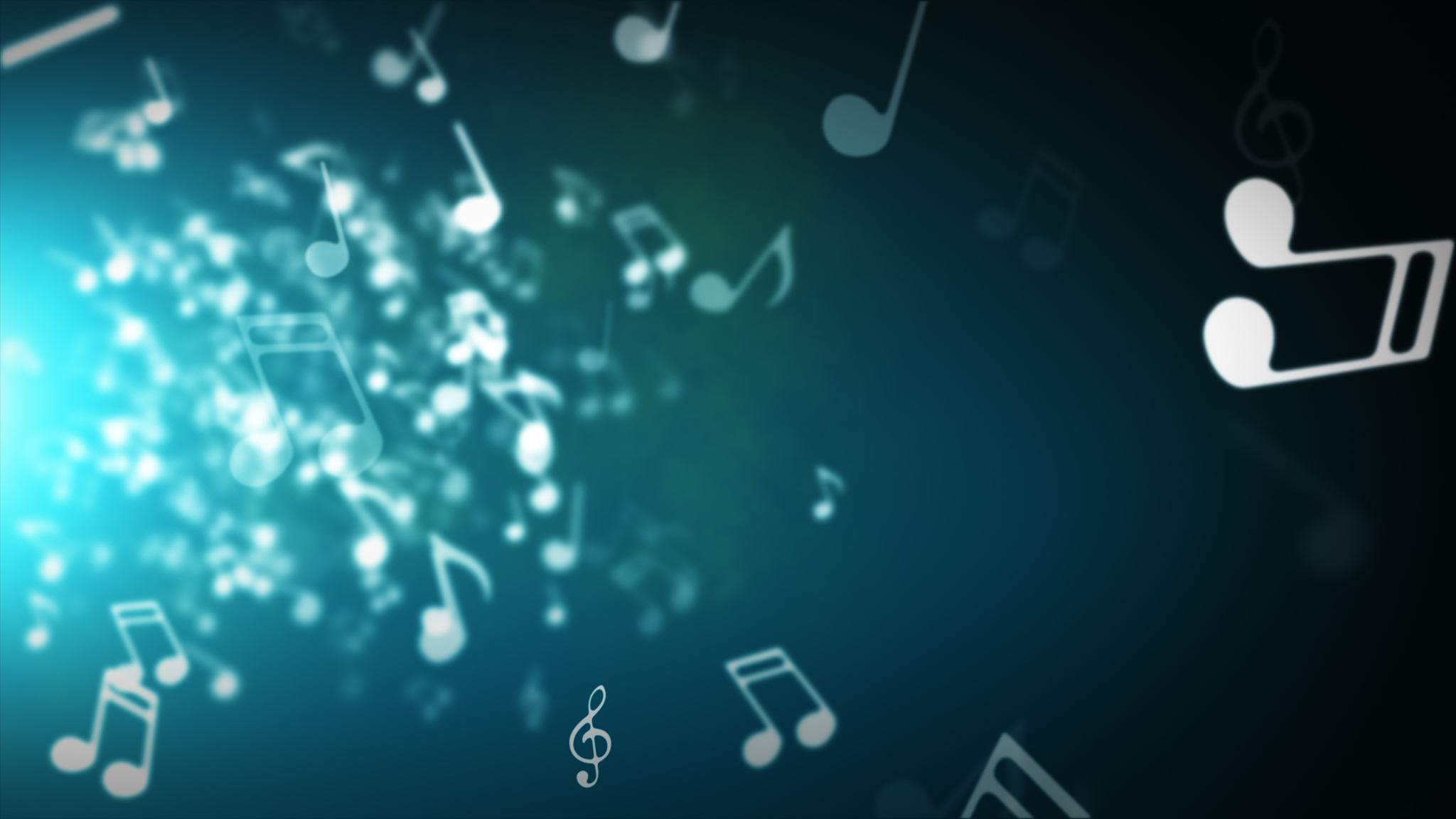 floating musical notes on an abstract blue background with flare