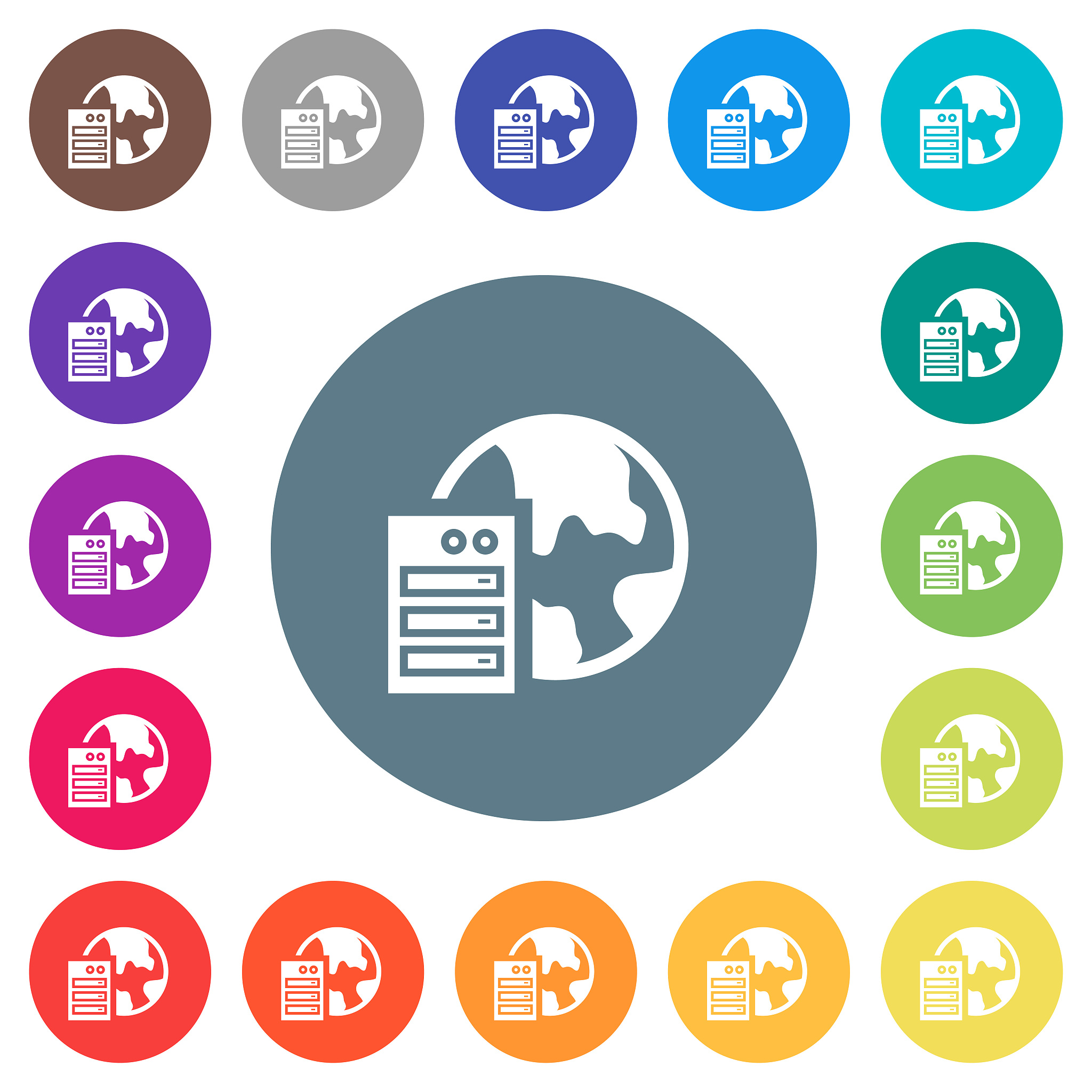 web hosting flat white icons on round color backgrounds