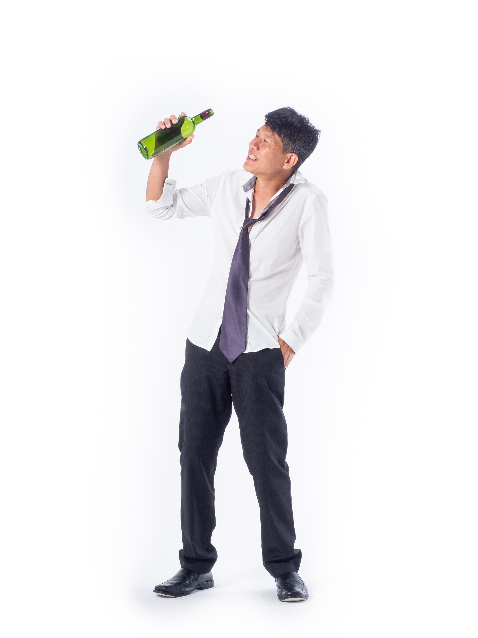 drunk business asia man wear black suit holding wine bottle and 