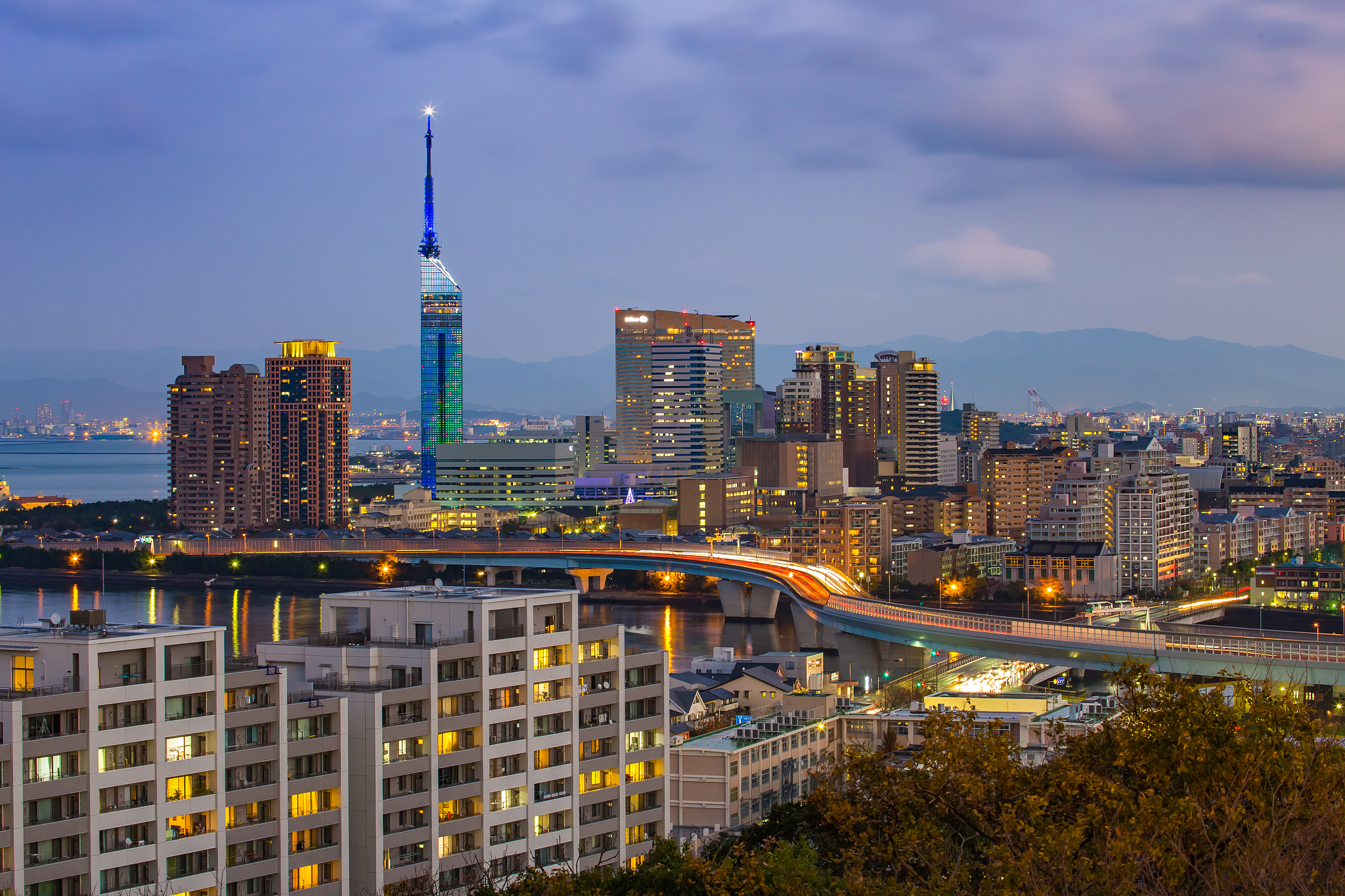 view of hakata skyline in fukuoka, japan