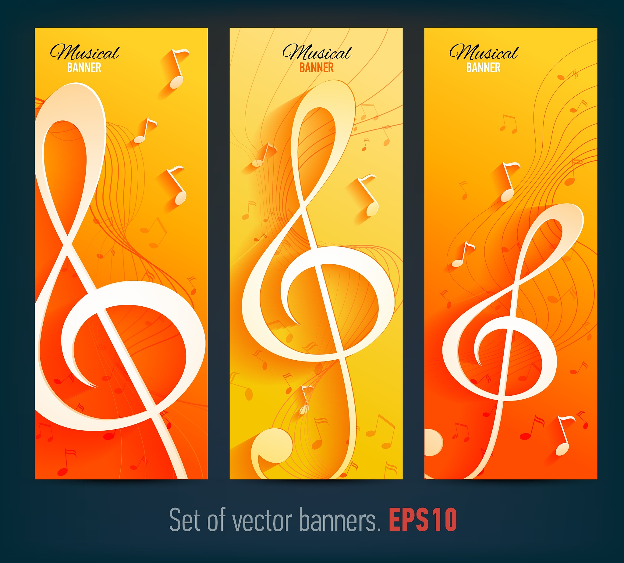 set of banners with with music notes and key