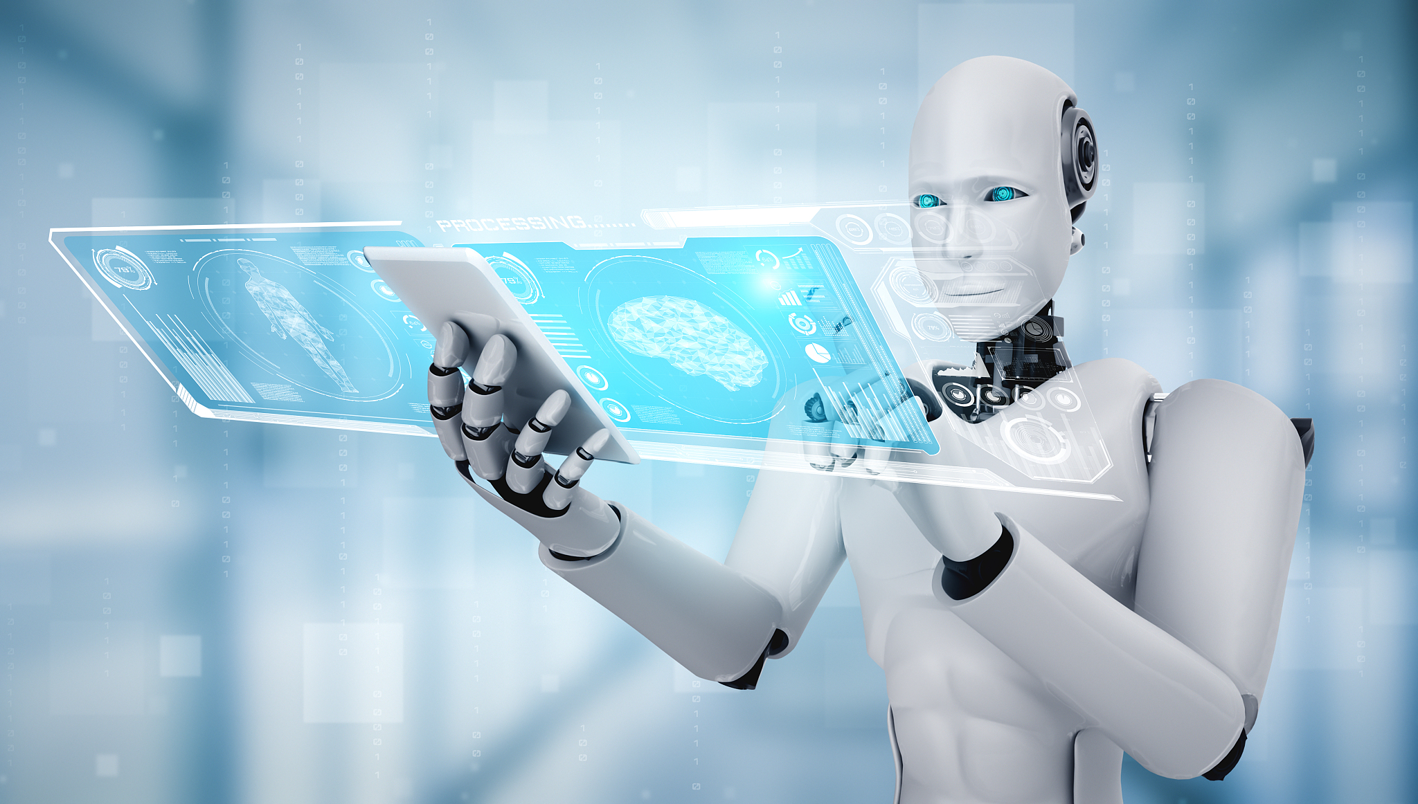 robot humanoid use mobile phone or tablet in concept of ai think