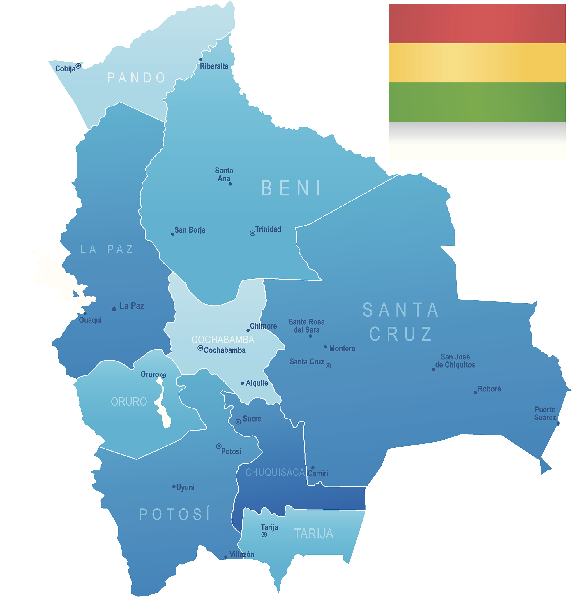 map of bolivia - states, cities and flag