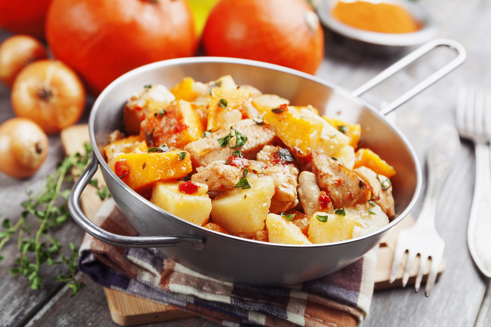 chicken stew with pumpkin, potatoes and spices