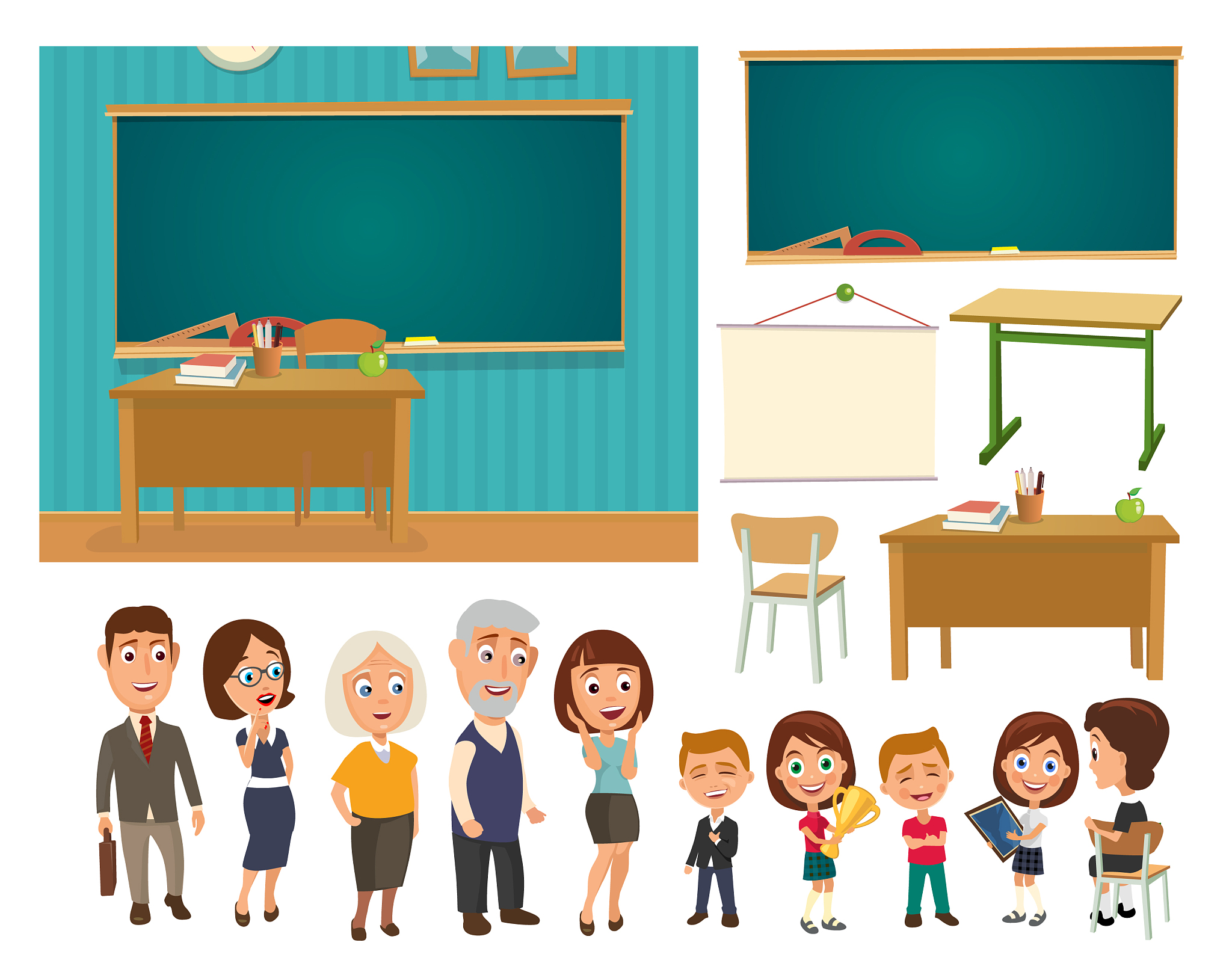 interior of classroom with desk and blackboard