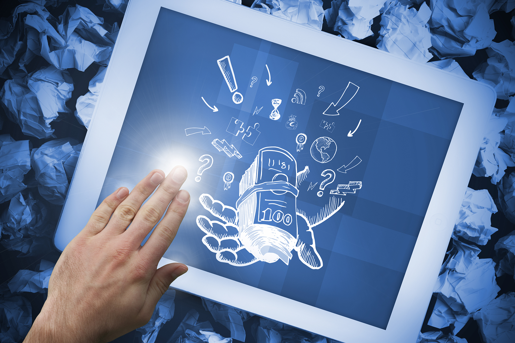 composite image of hand touching tablet showing profit and econo