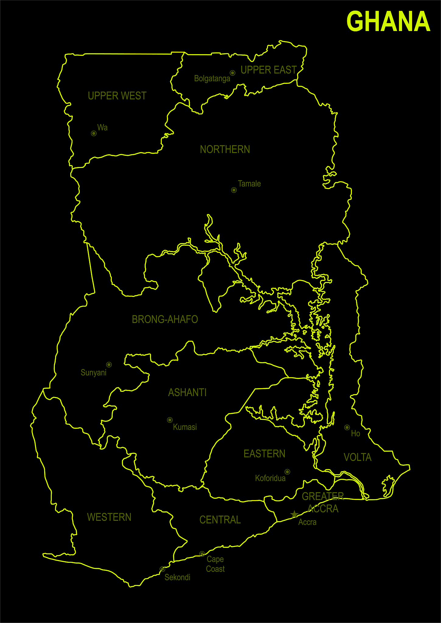 neon map of ghana against black background