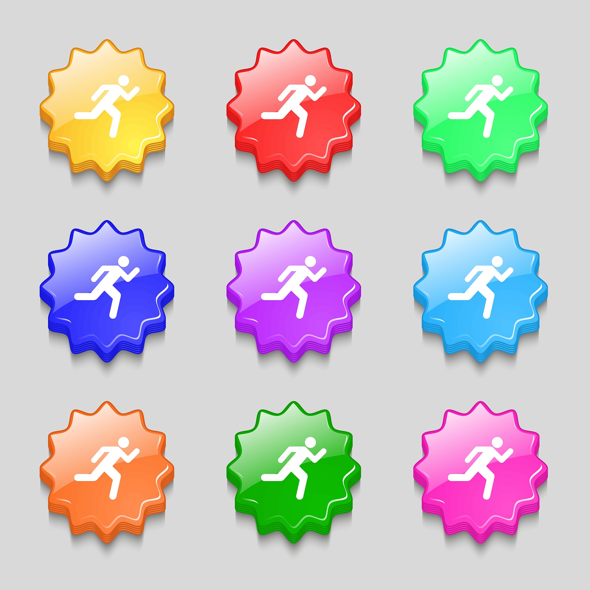 running man icon sign. symbol on nine wavy colourful buttons. ve