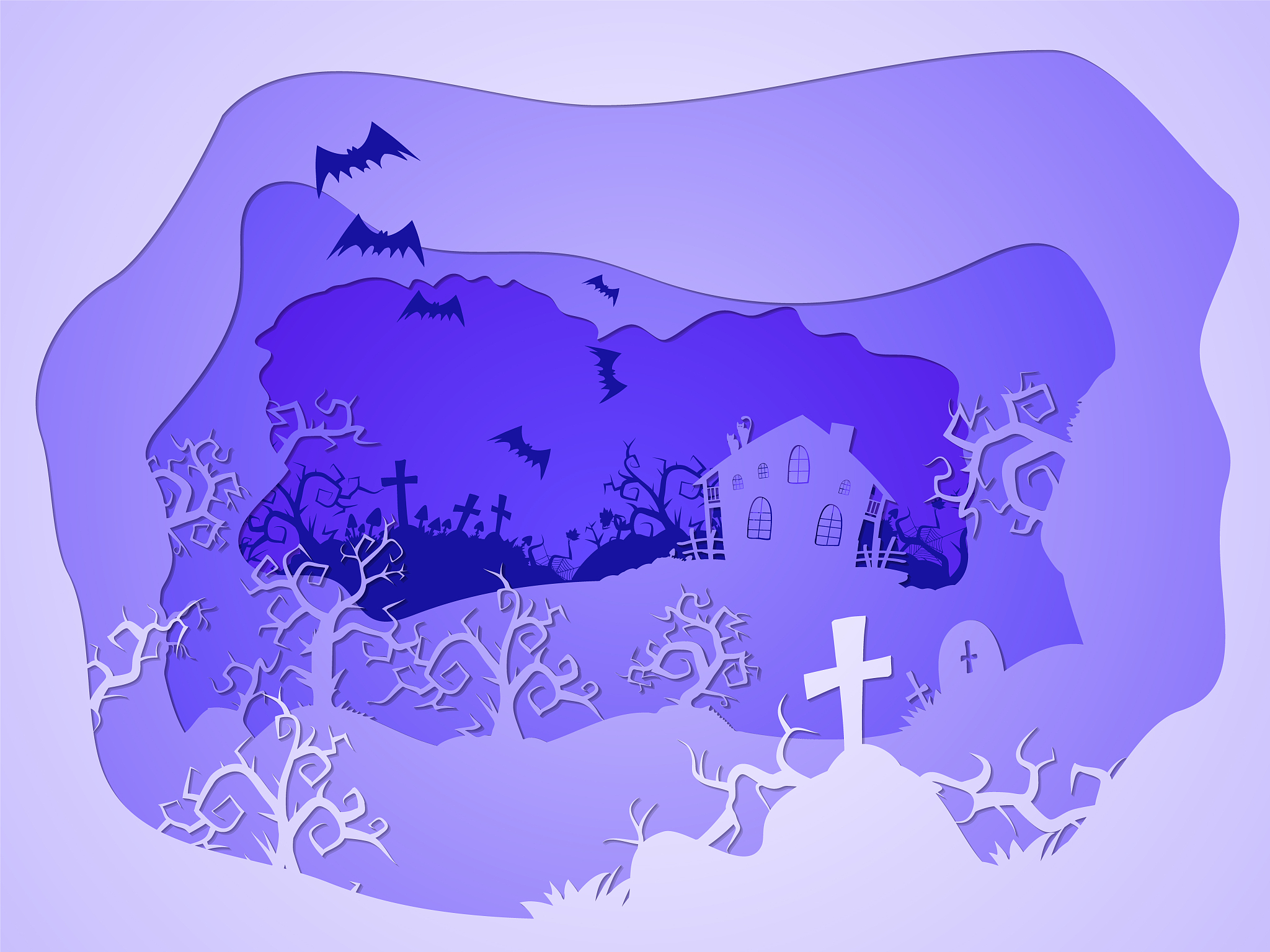 vector halloween illustration with graves and  house. 3d layered