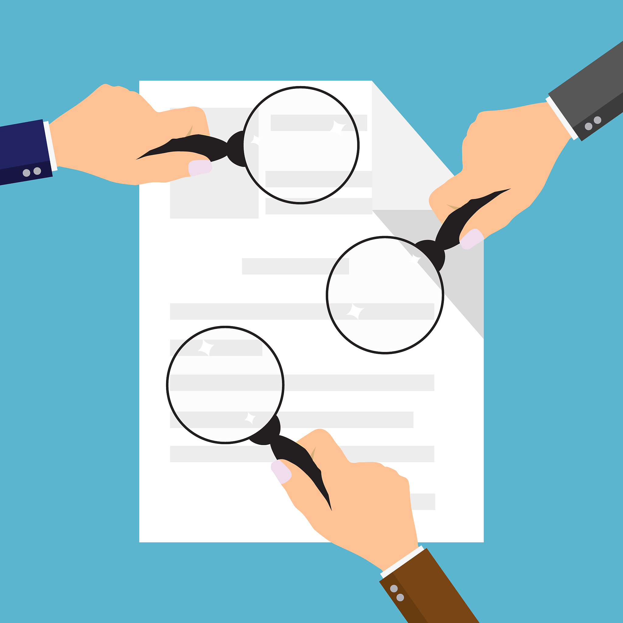 hand holding magnifier and paper document. business concept. fla