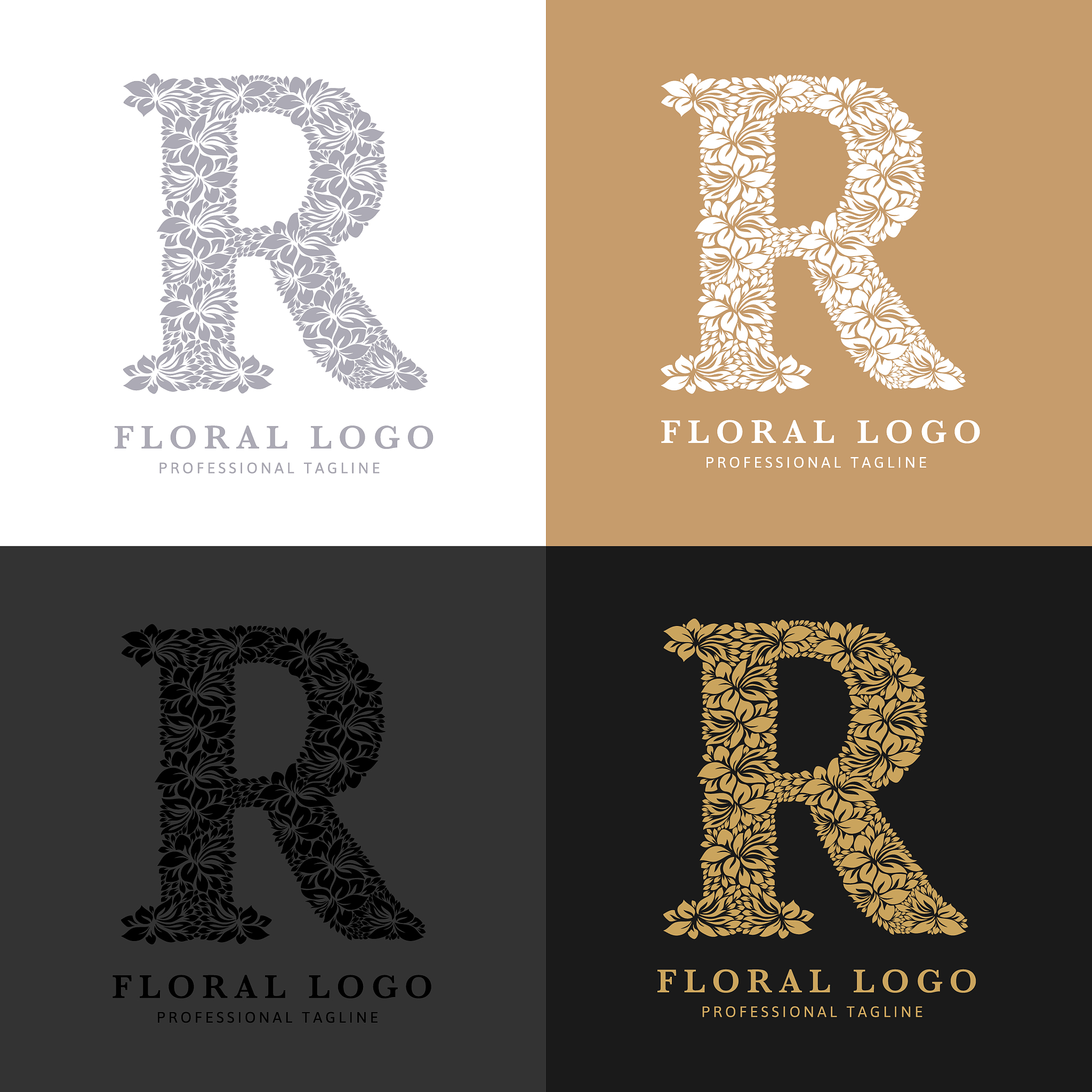 floral letter r logo. flowers and leafs logotype. hand made draw