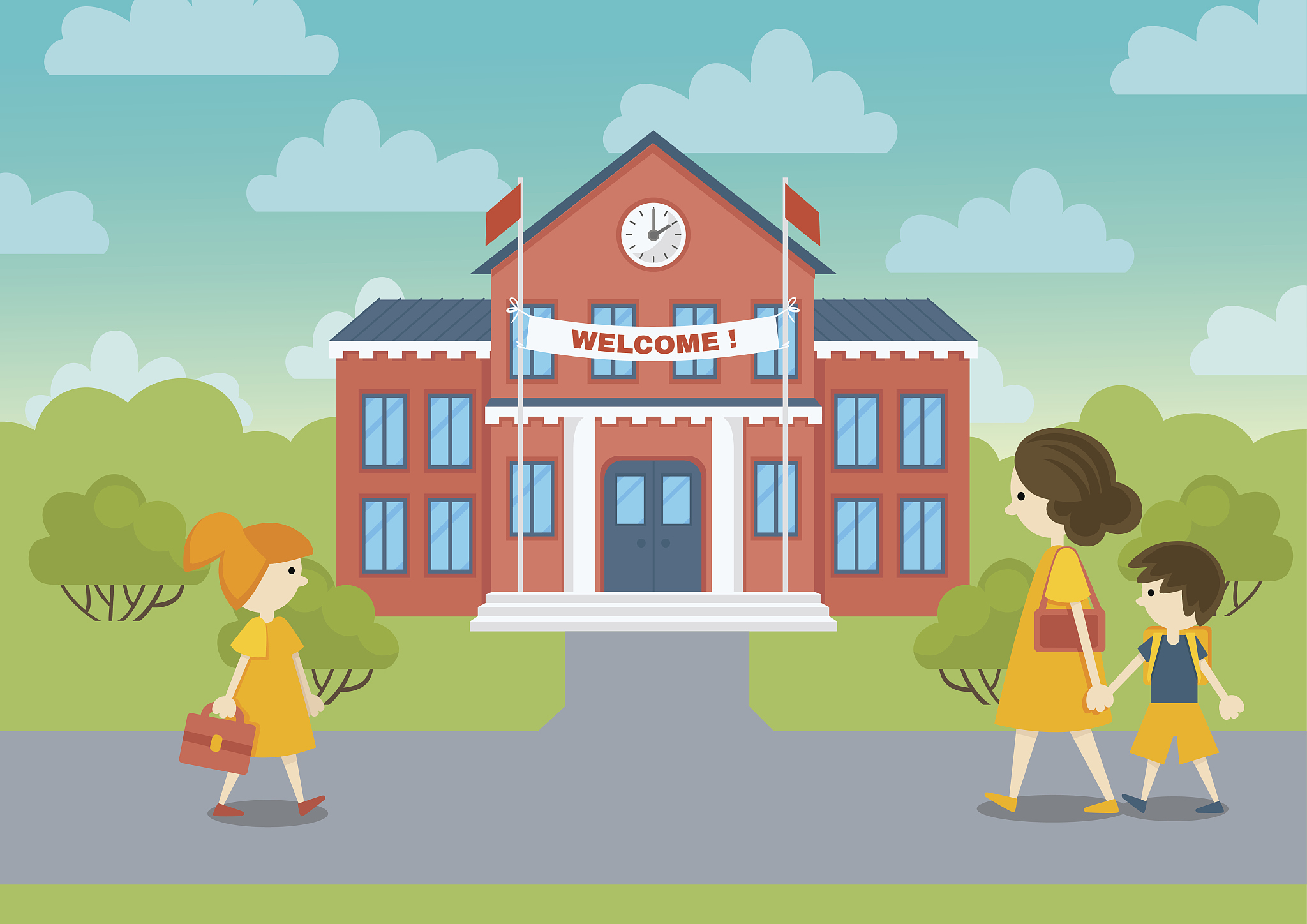 school building and schoolchild vector illustration.