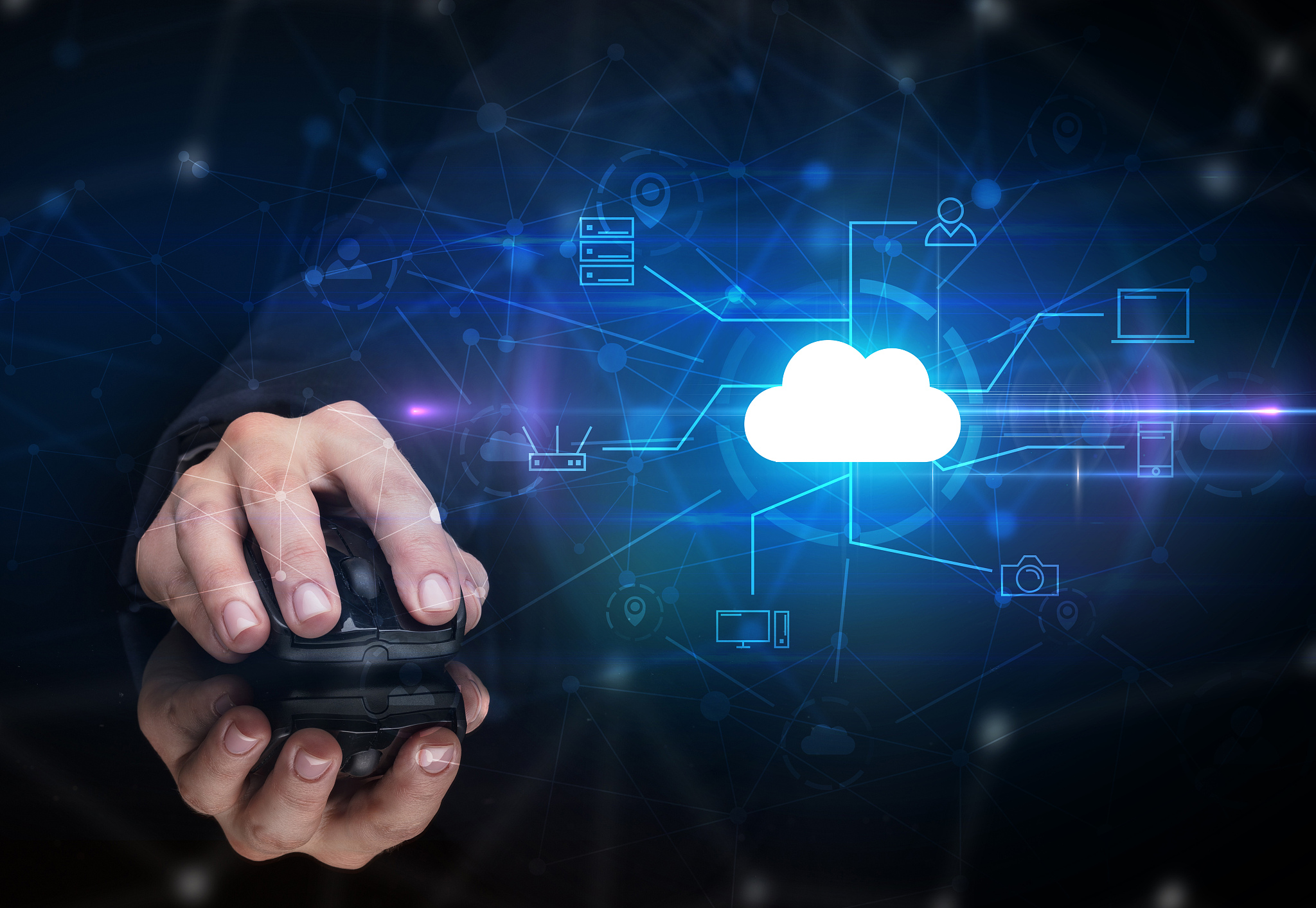 hand using mouse with cloud technology and online storage concep