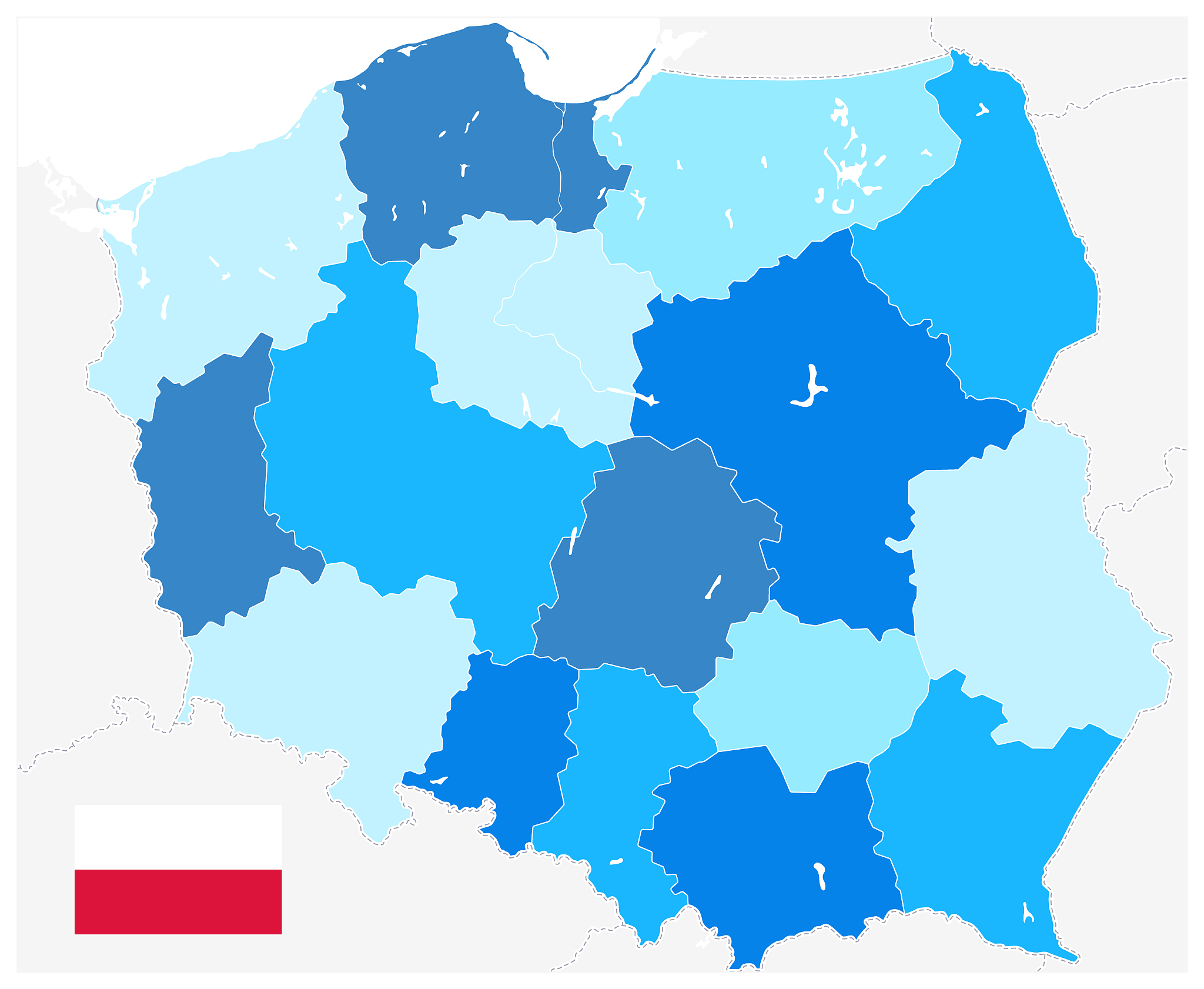 poland administrative map blue colors. no text