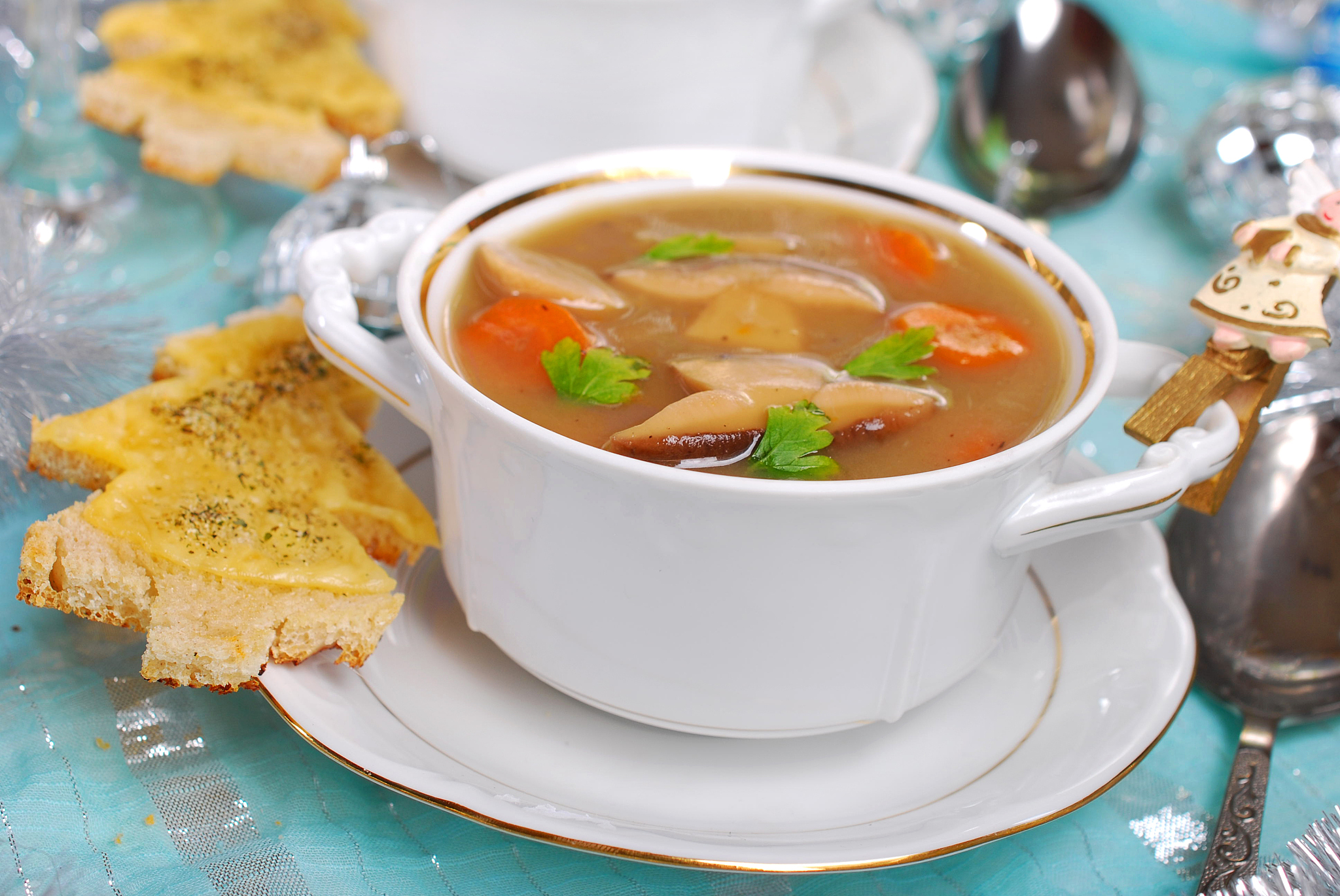 cream cep soup with cheese toast for christmas