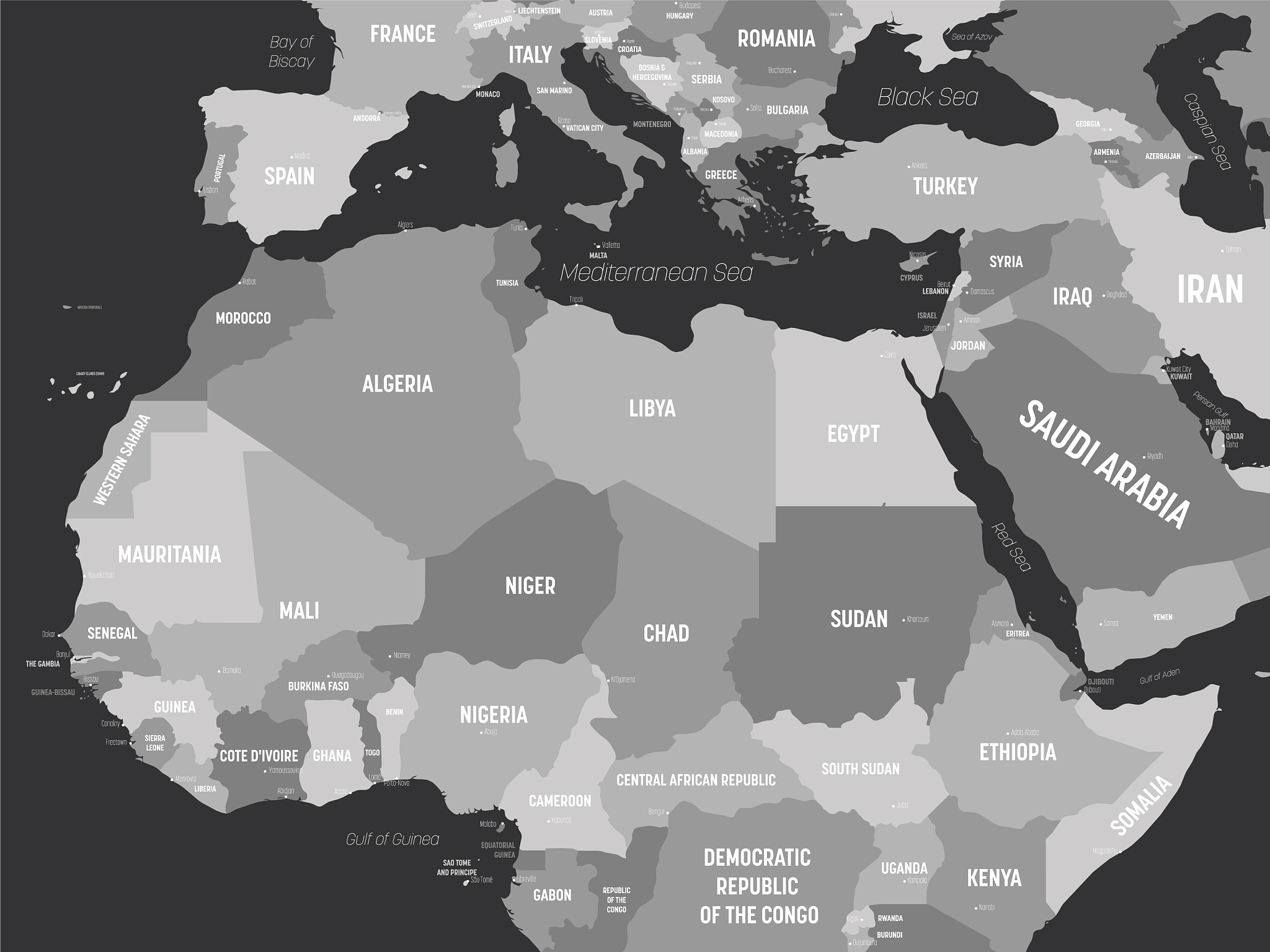 northern africa map - grey colored on dark