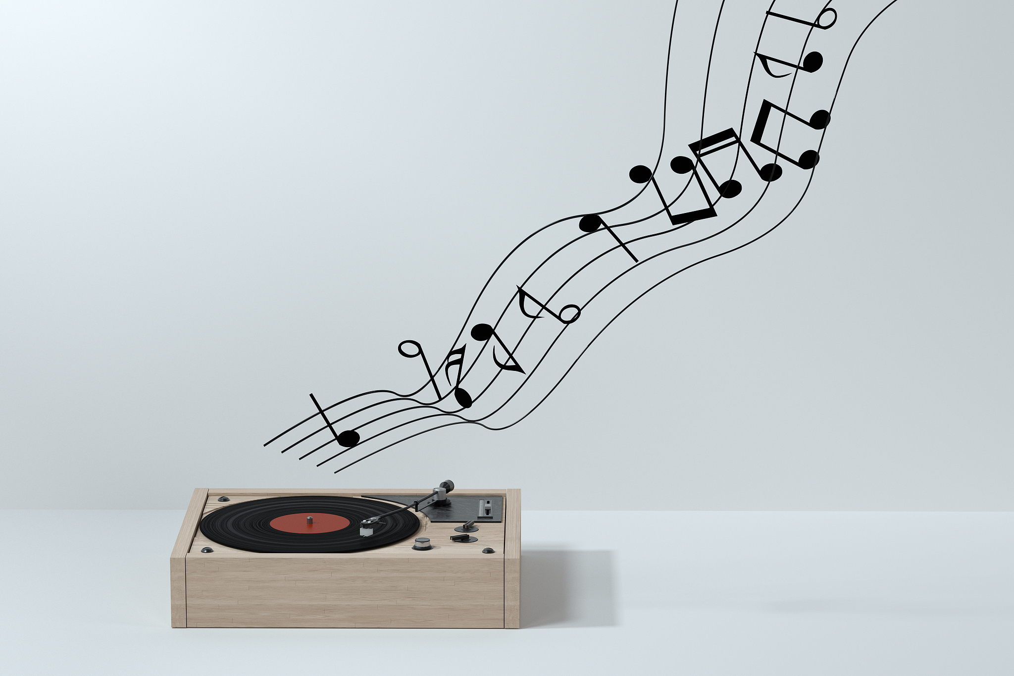 phonograph with white background, plays music, 3d rendering.