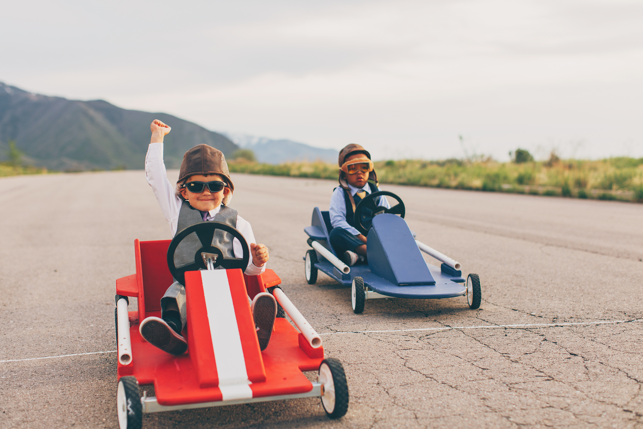 young business boys go cart racing