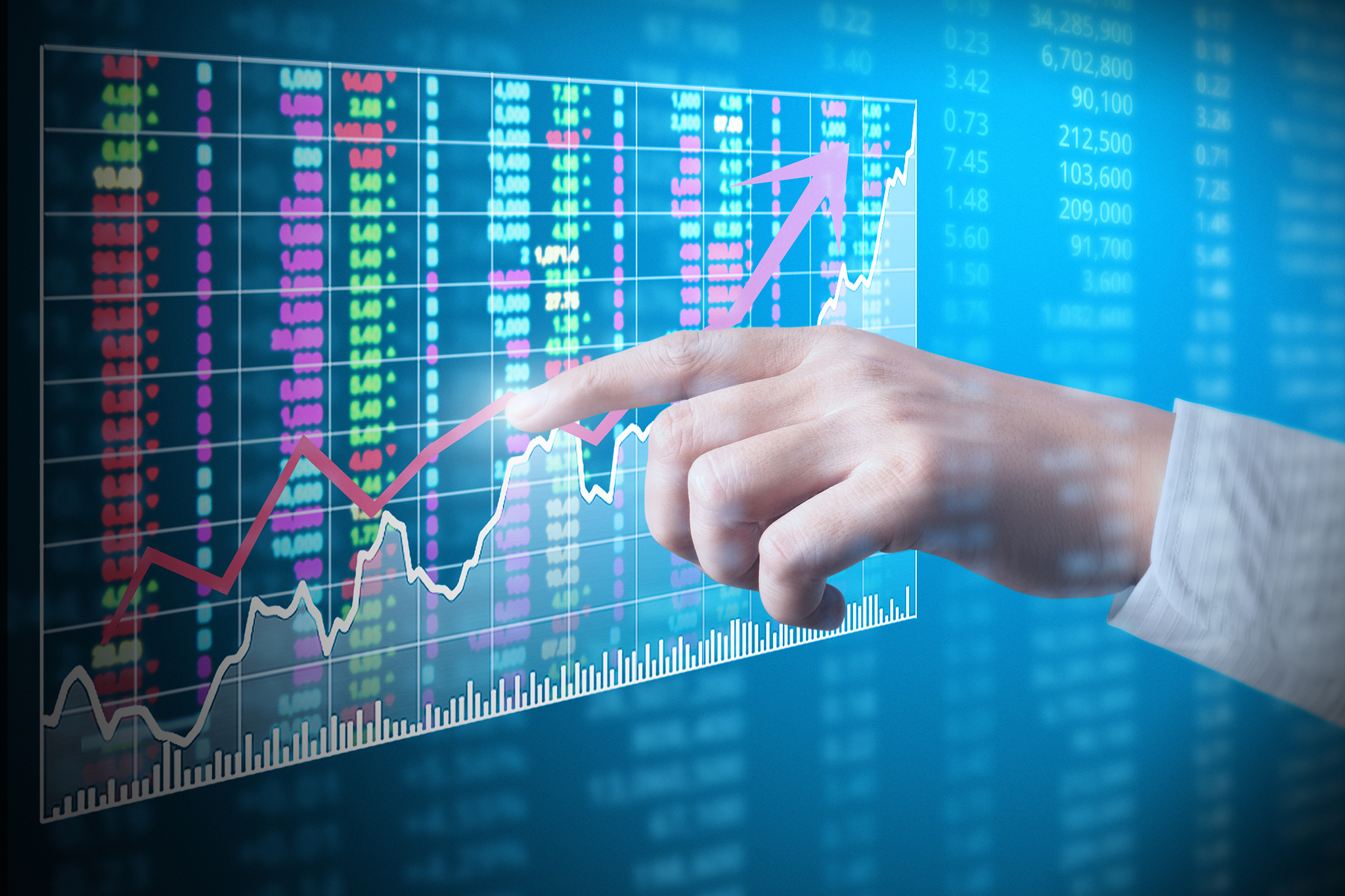 hand with financial chart symbols coming from hand