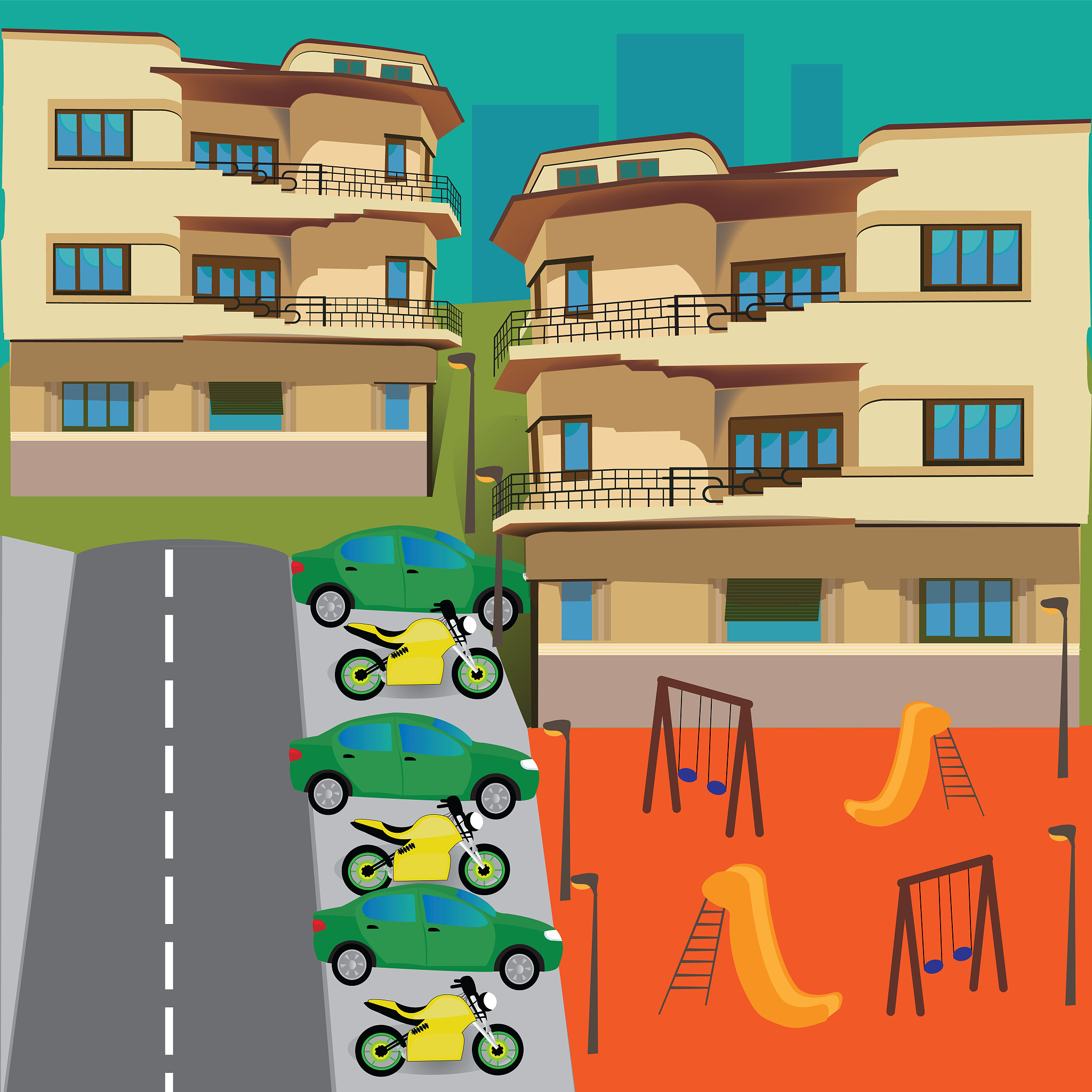 urban background with two buildings, parking space and playgroun