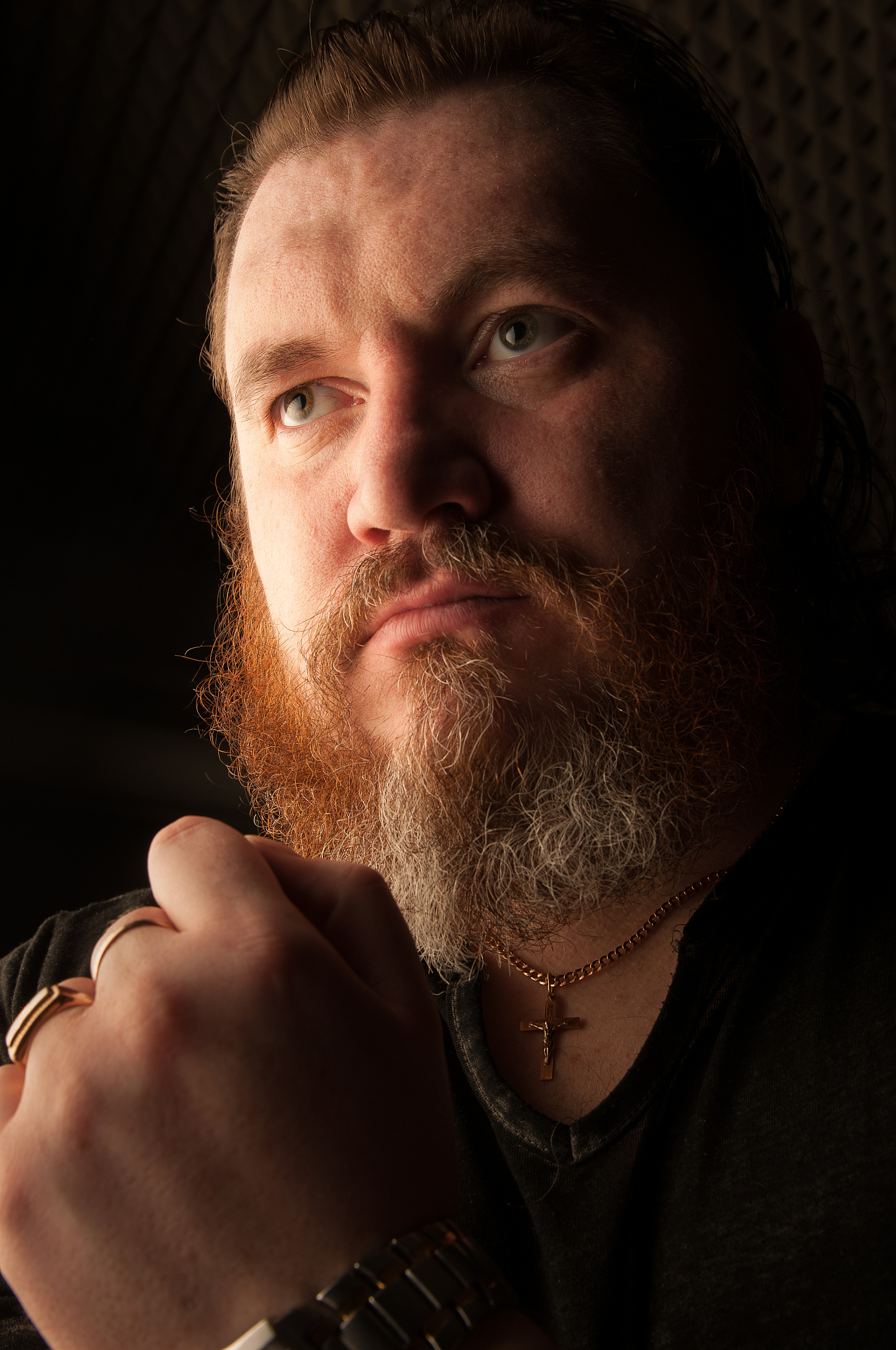 close-up of thoughtful man with beard