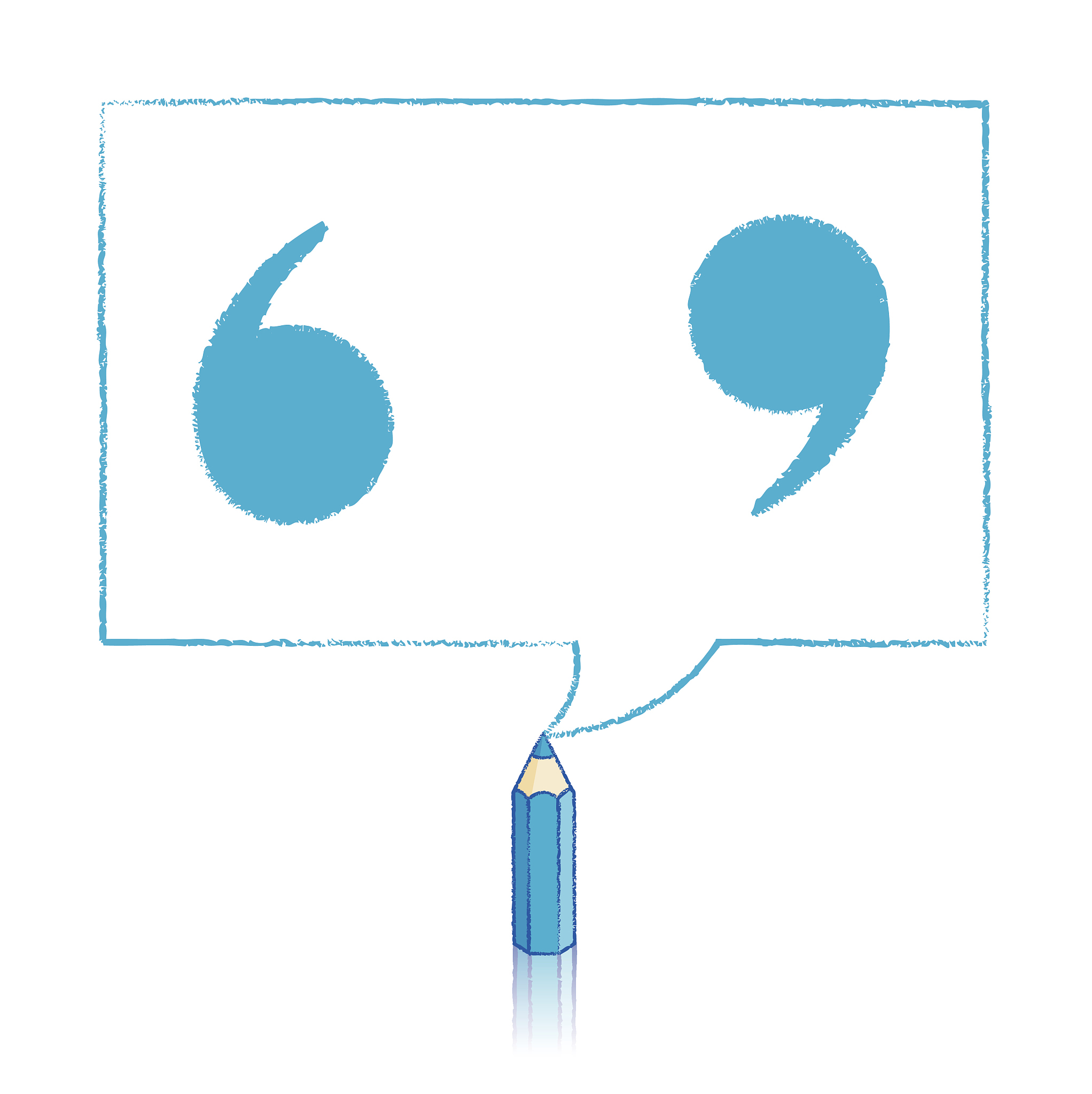 blue pencil drawing quotation marks in rectangular speech balloo