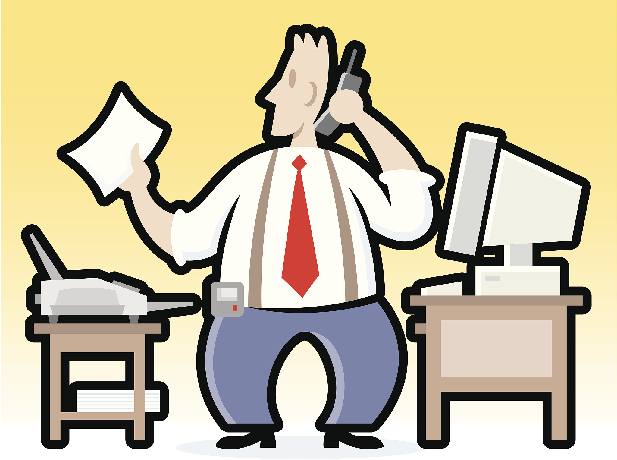 man using telephone, computer, fax machine and pager  layered  c
