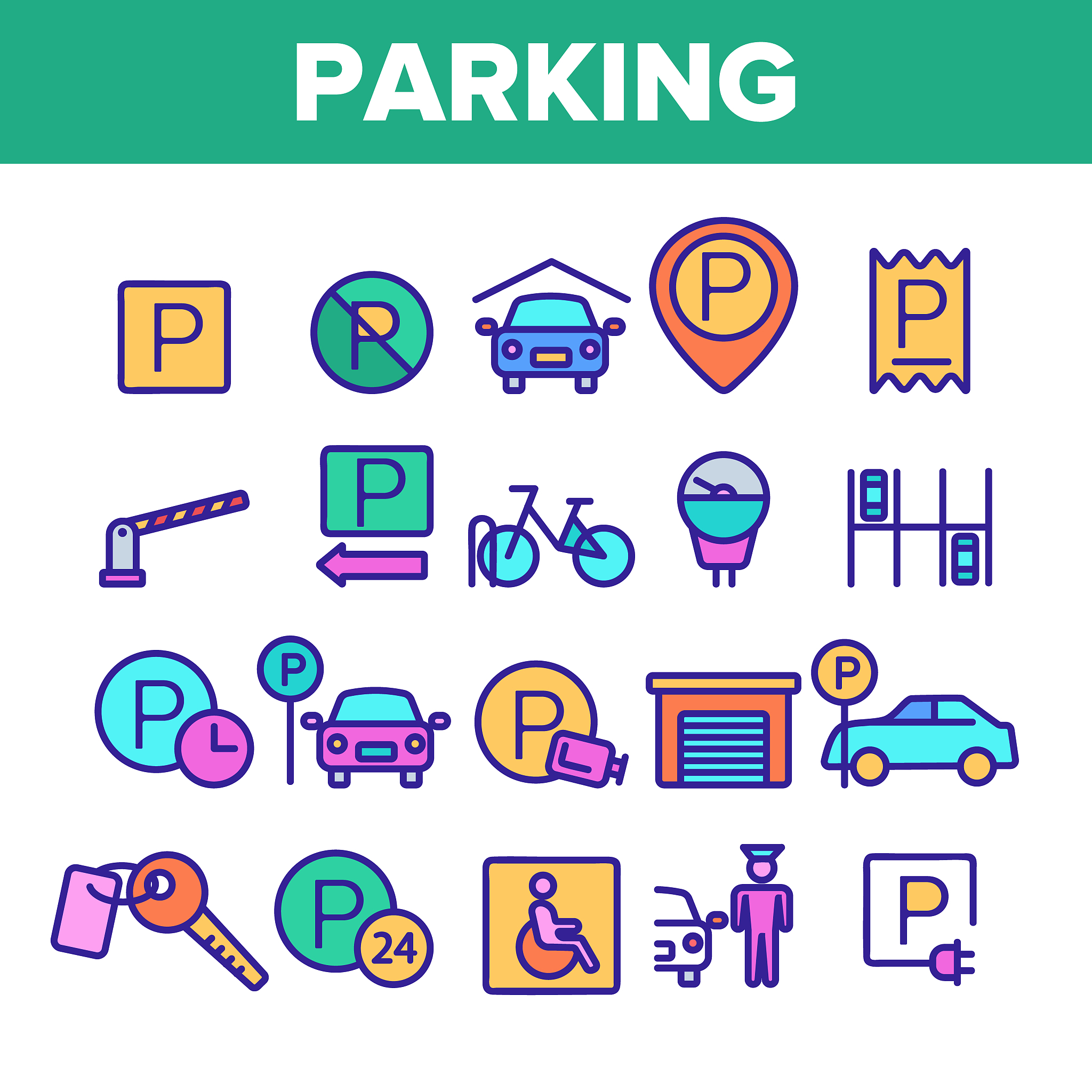 color parking thin line icons set vector
