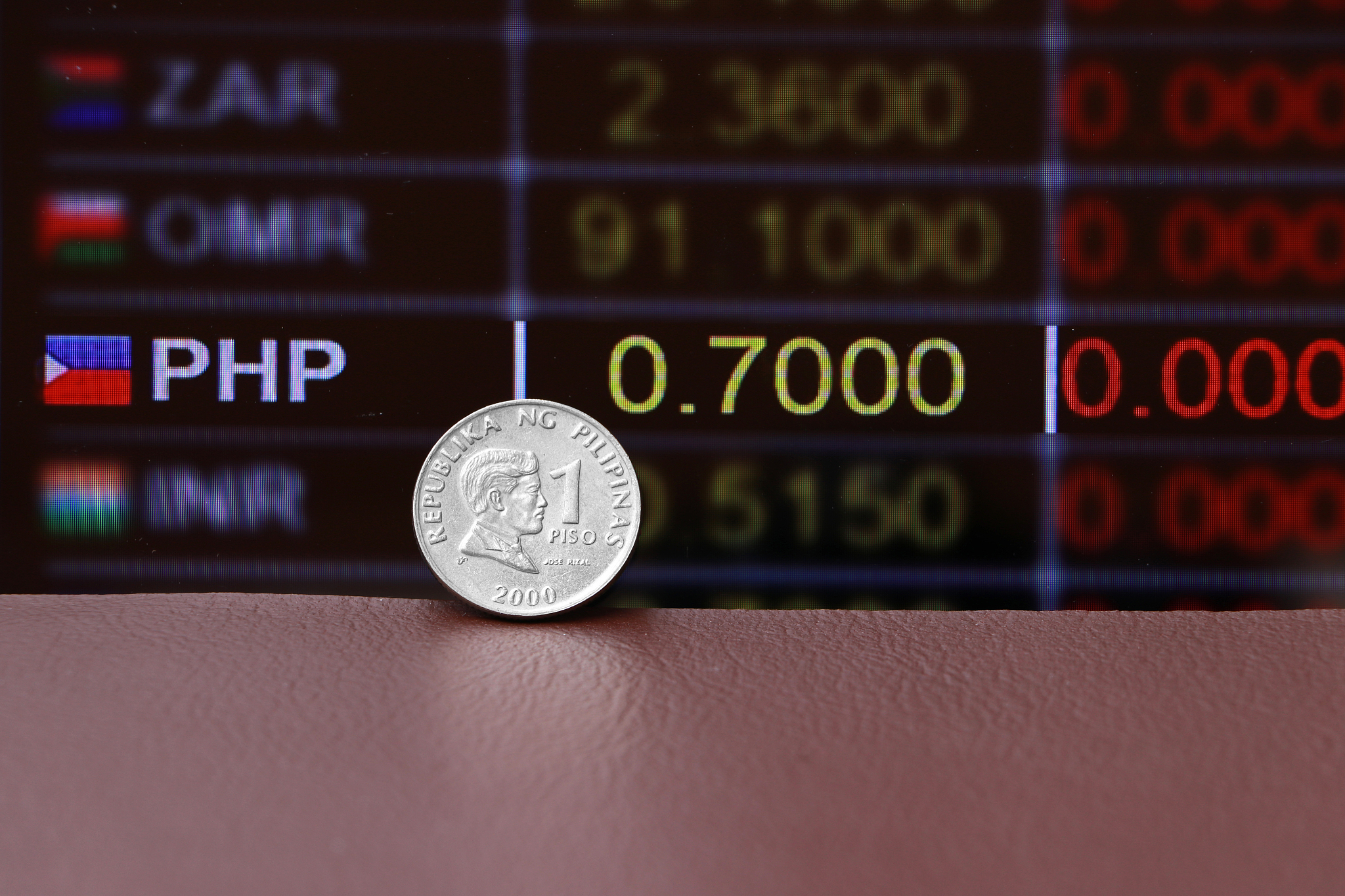 the coin of philippine peso money on brown floor with digital bo