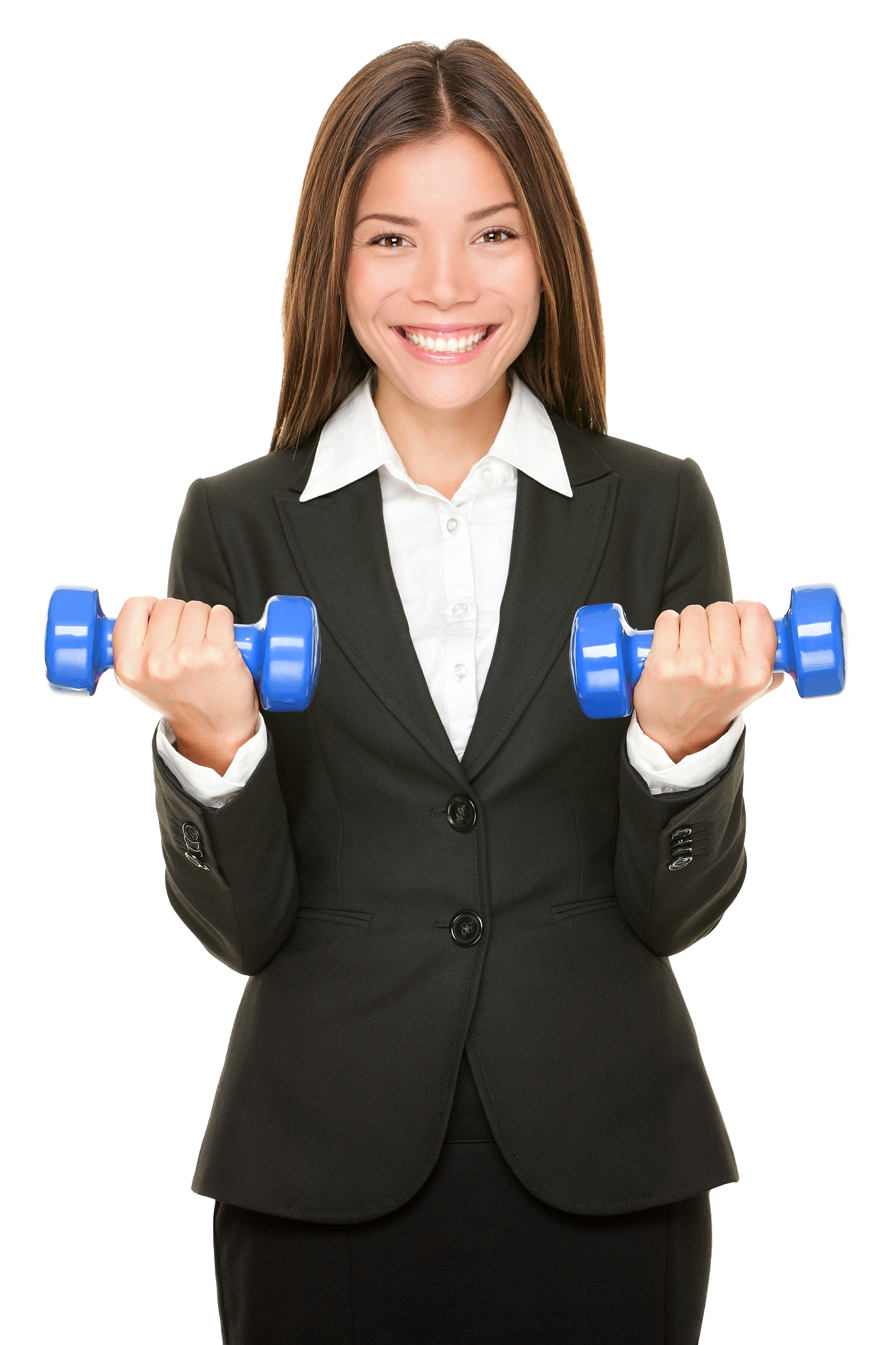 business woman in suit lifting dumbbell weights