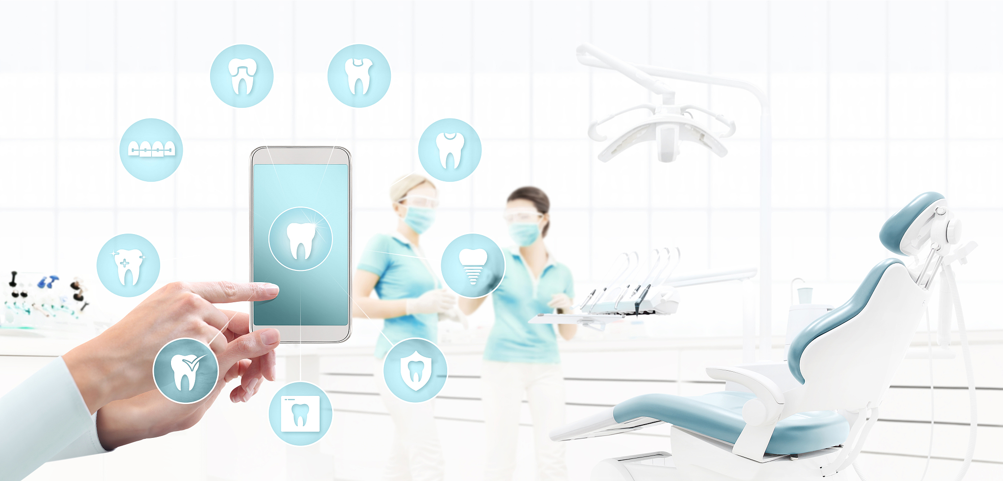 dentist hand touch smart phone screen, teeth icons and symbols o