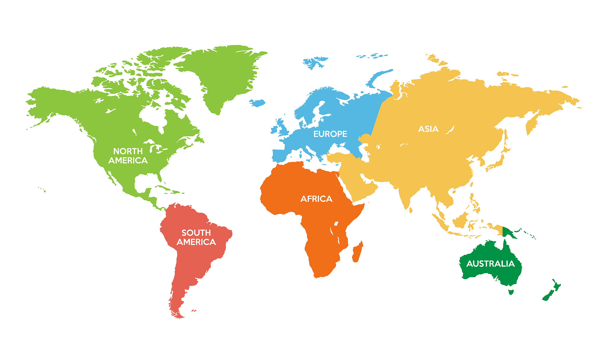 color world map with continent borders.