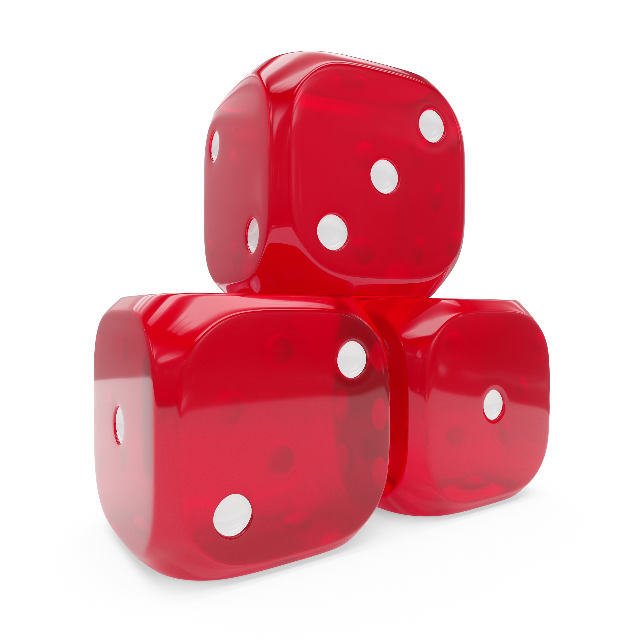 3d rendering three red glass dices isolated on white background