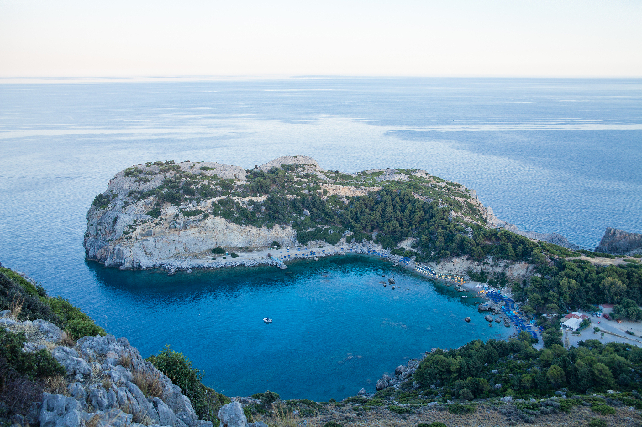 view from top on anthony quinn bay and beach, rhodes in faliraki