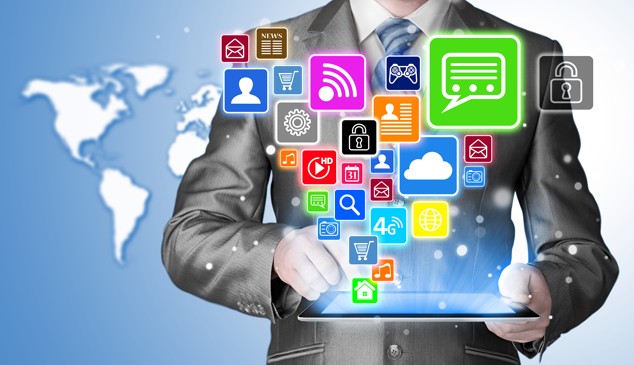 business man using tablet pc with social media icon set