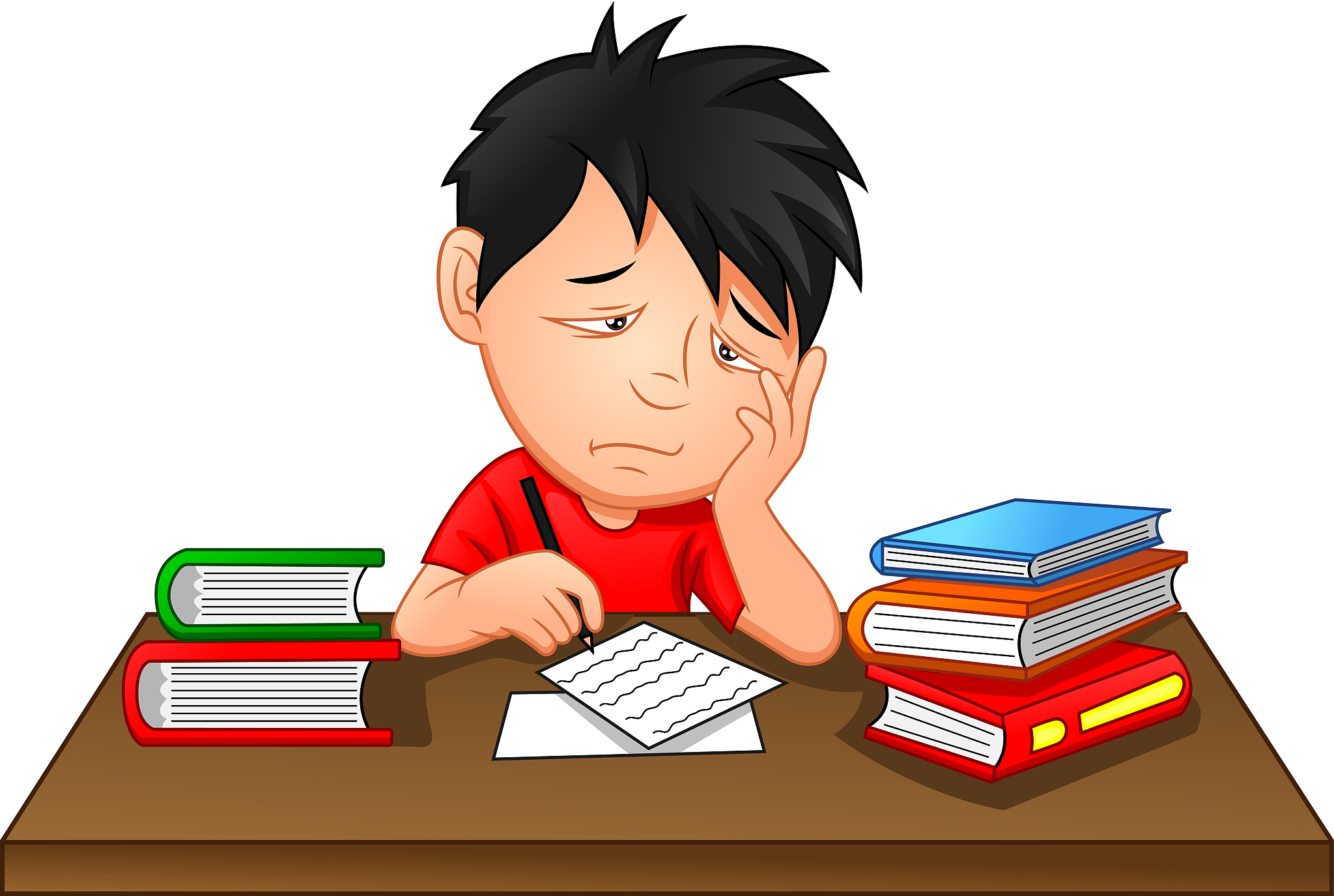 bored kid doing homework or sitting on boring school lesson