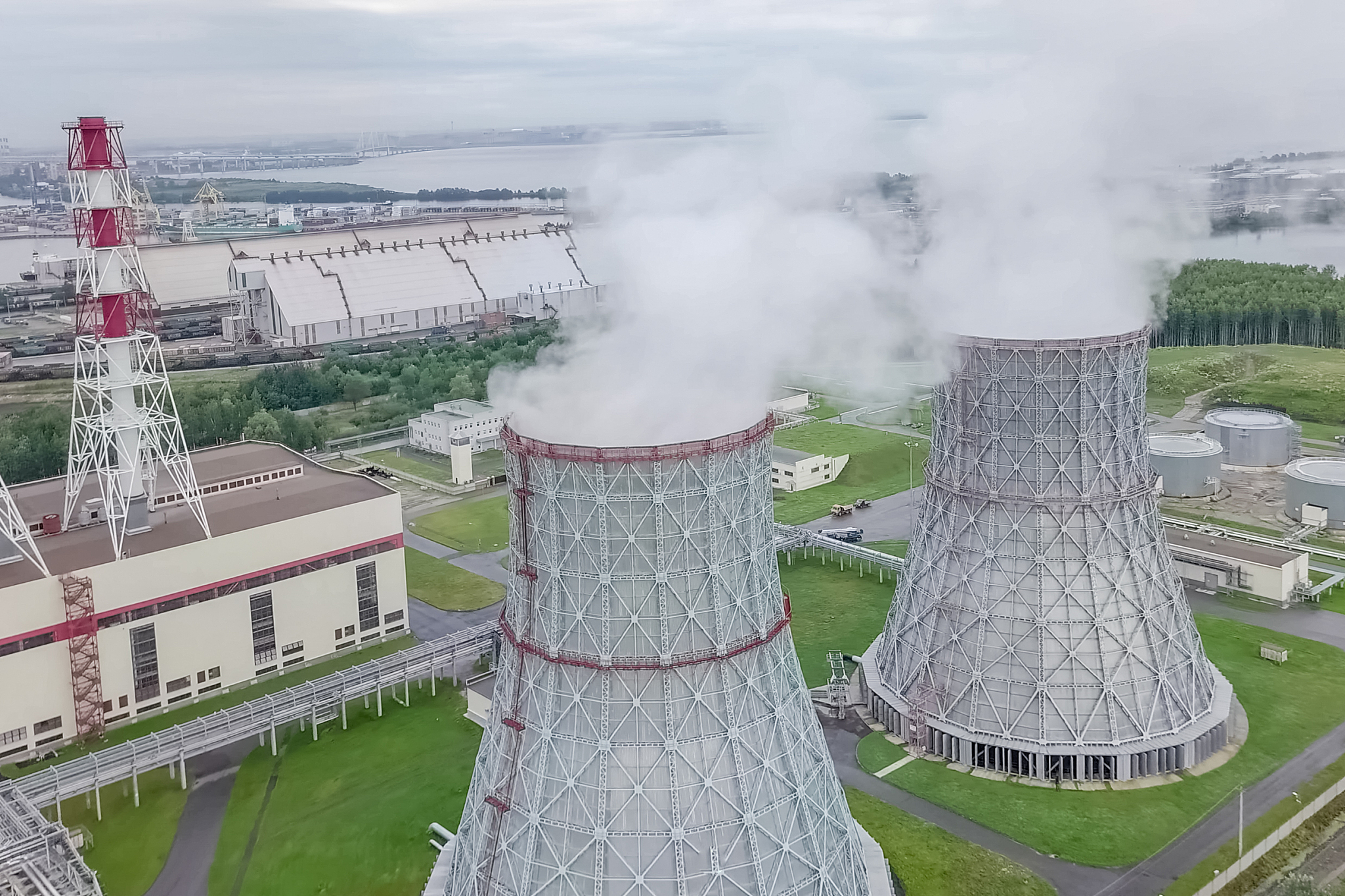 soaring steam towers of nuclear power plant.