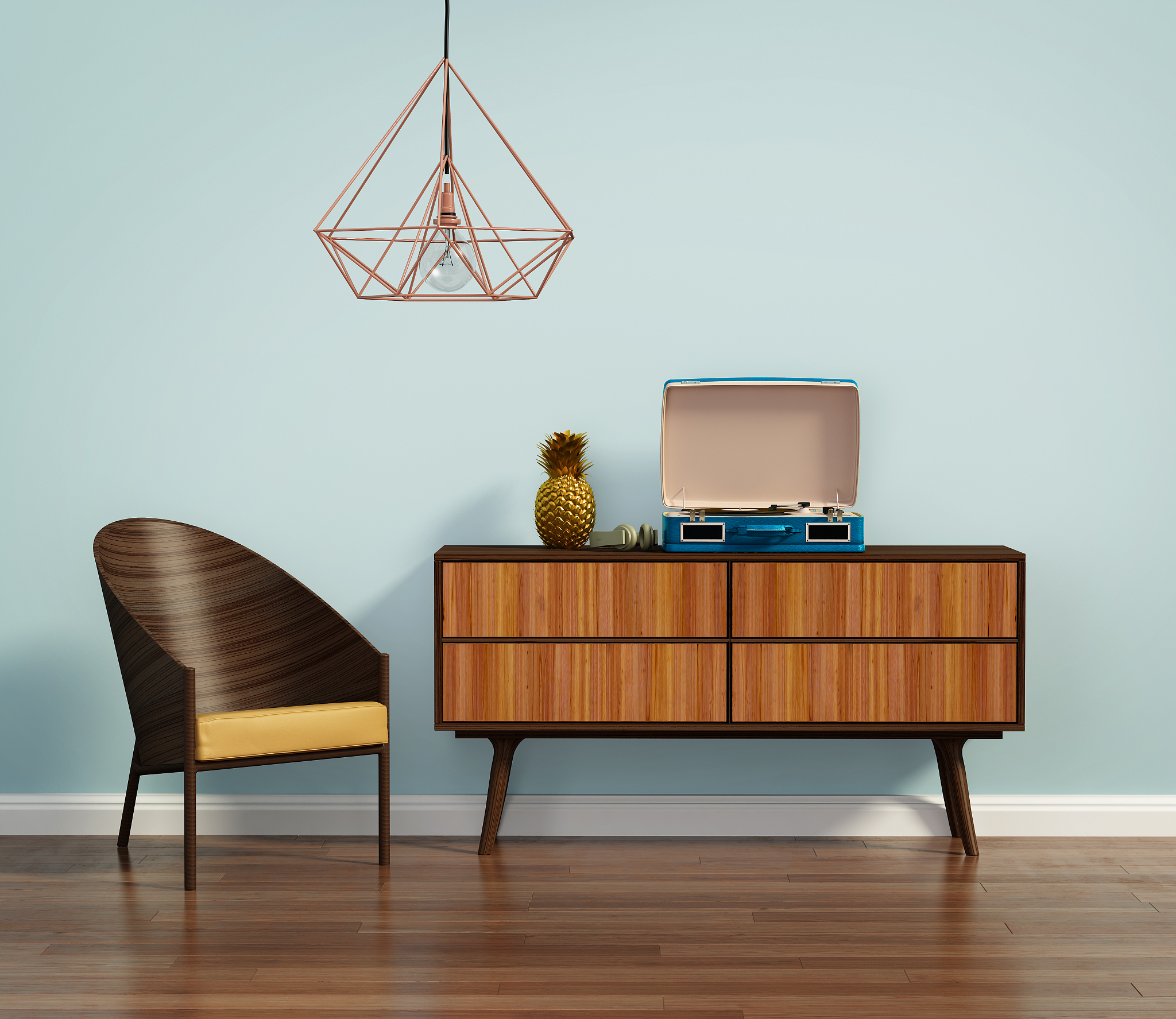 blue interior with mid century chair and buffet