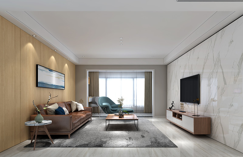 胡桃色搭配鱼肚白电视背景墙，打造简约时尚空间