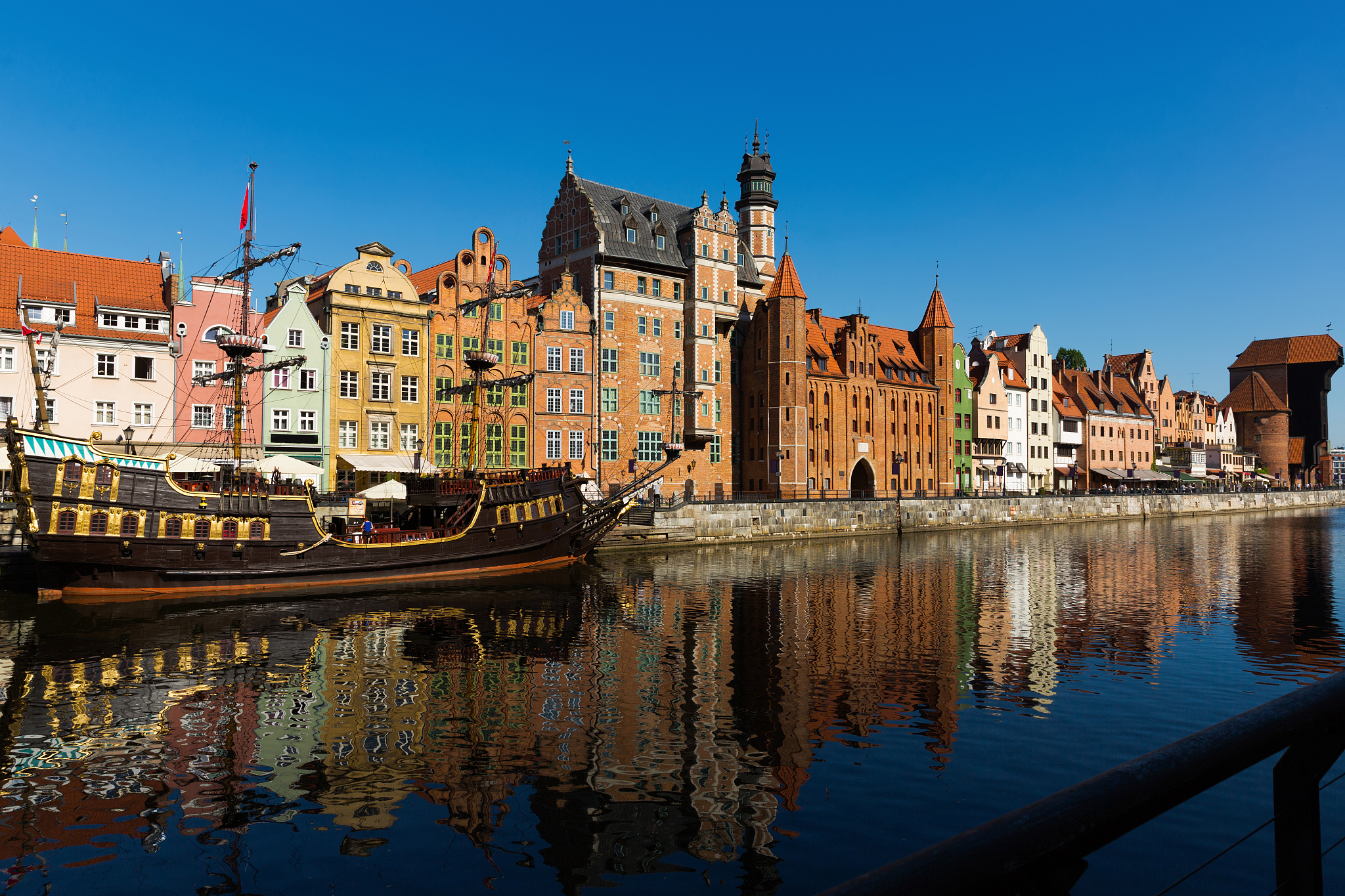 embankment in historical part of gdansk at sunny day, poland