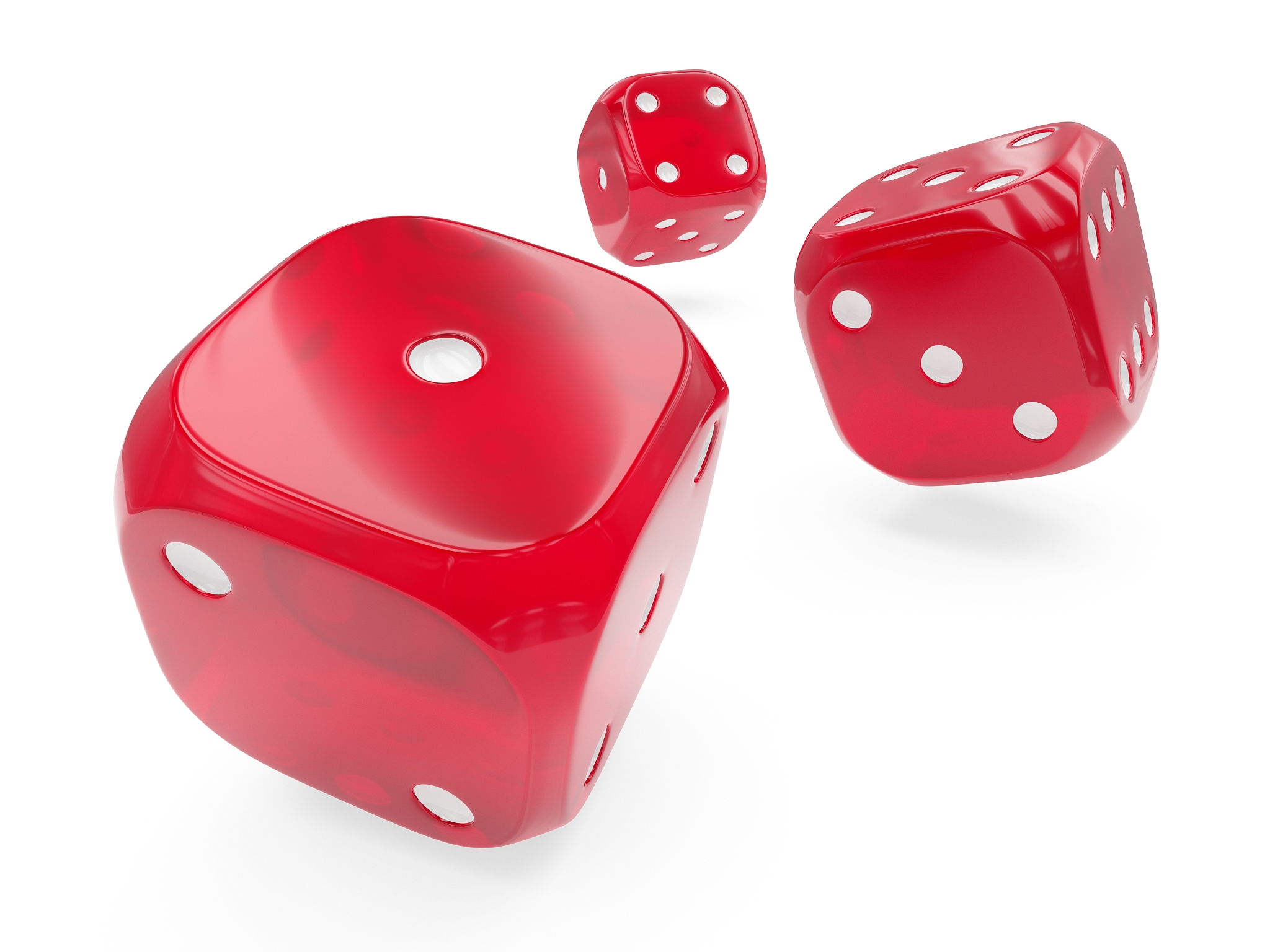 3d rendering three red glass rolling dices isolated on white bac